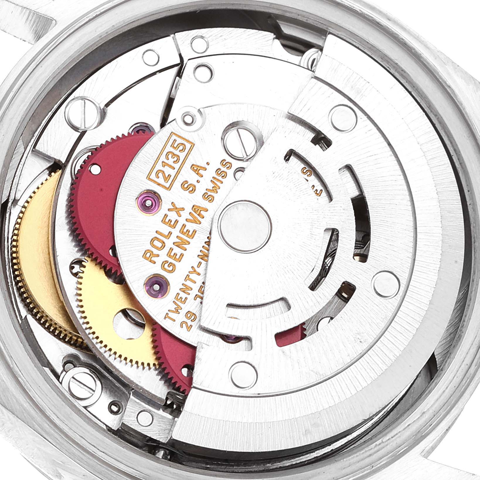 The image shows the internal mechanism of a Rolex President 69179 Women's White Gold Silver Dial 69179 Women's White Gold Silver Dial 2135 model watch, highlighting the gears and movement components.