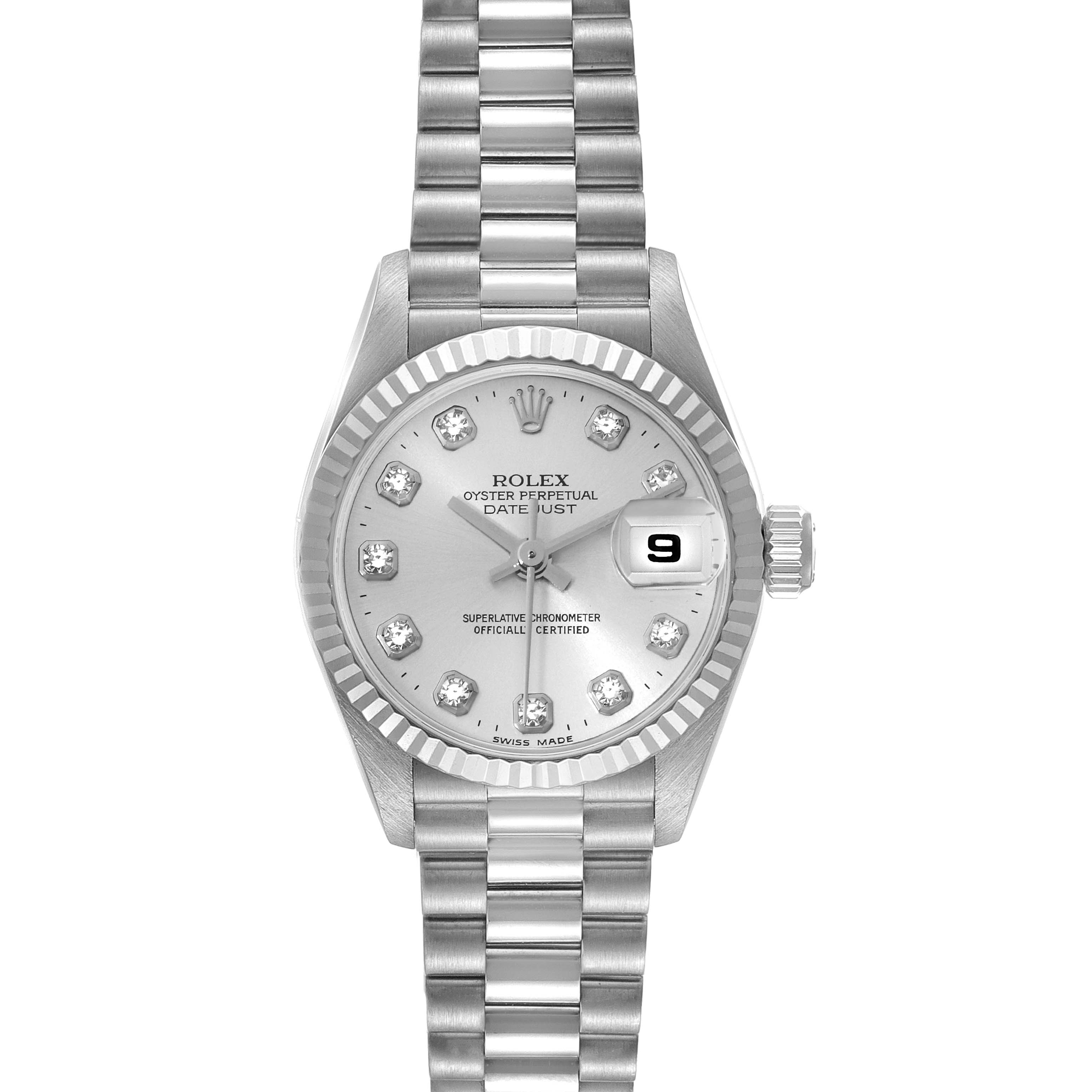 The image shows a Rolex President 69179 Women's White Gold Silver Dial 69179 Women's White Gold Silver Dial model watch front-on, displaying the face, band, and date indicator.