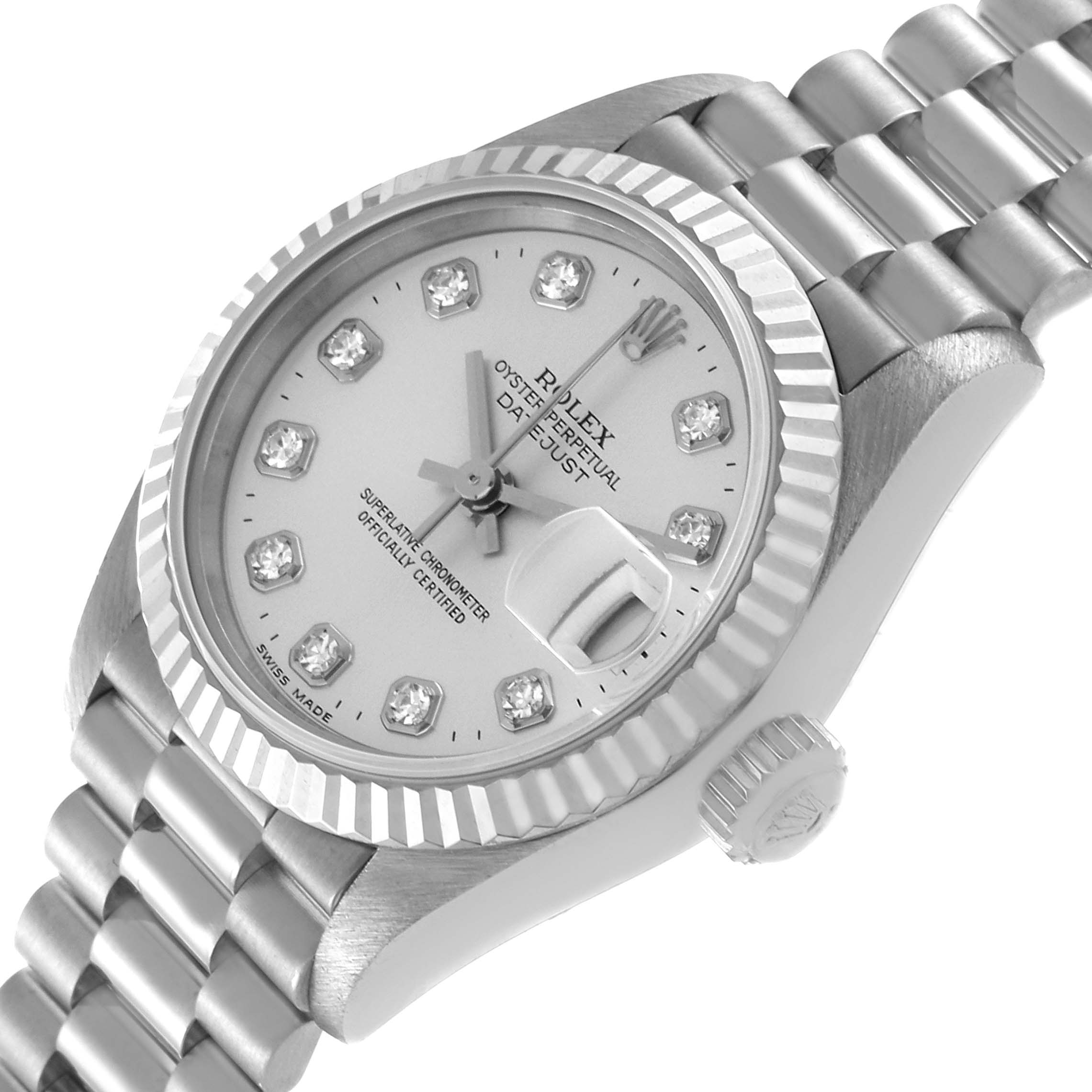 The Rolex President 69179 Women's White Gold Silver Dial 69179 Women's White Gold Silver Dial model watch is shown at an angled top-down view, displaying its face, bezel, crown, and part of the bracelet.