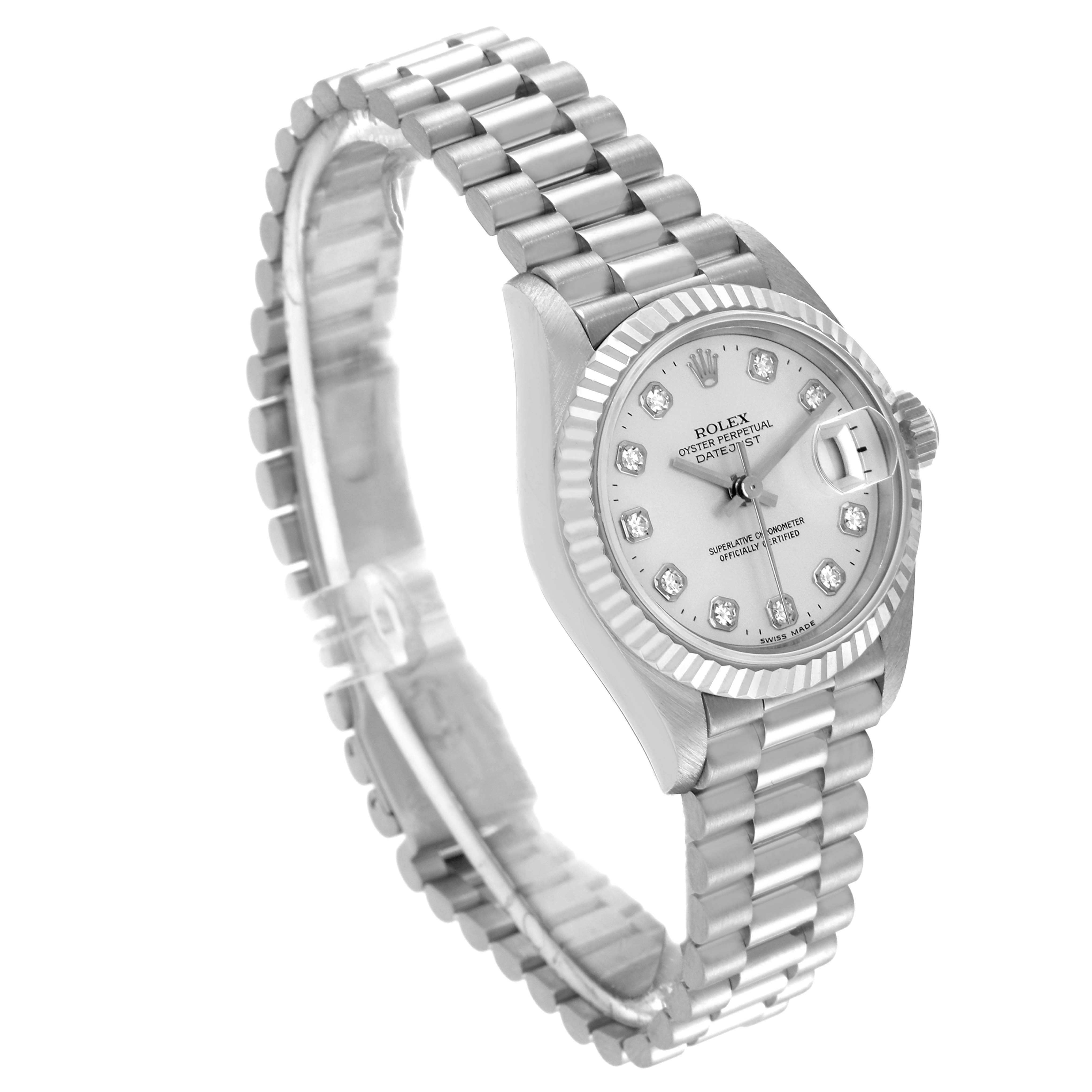 The Rolex President 69179 Women's White Gold Silver Dial 69179 Women's White Gold Silver Dial model watch is shown at an angle displaying its face, bezel, and part of the bracelet.