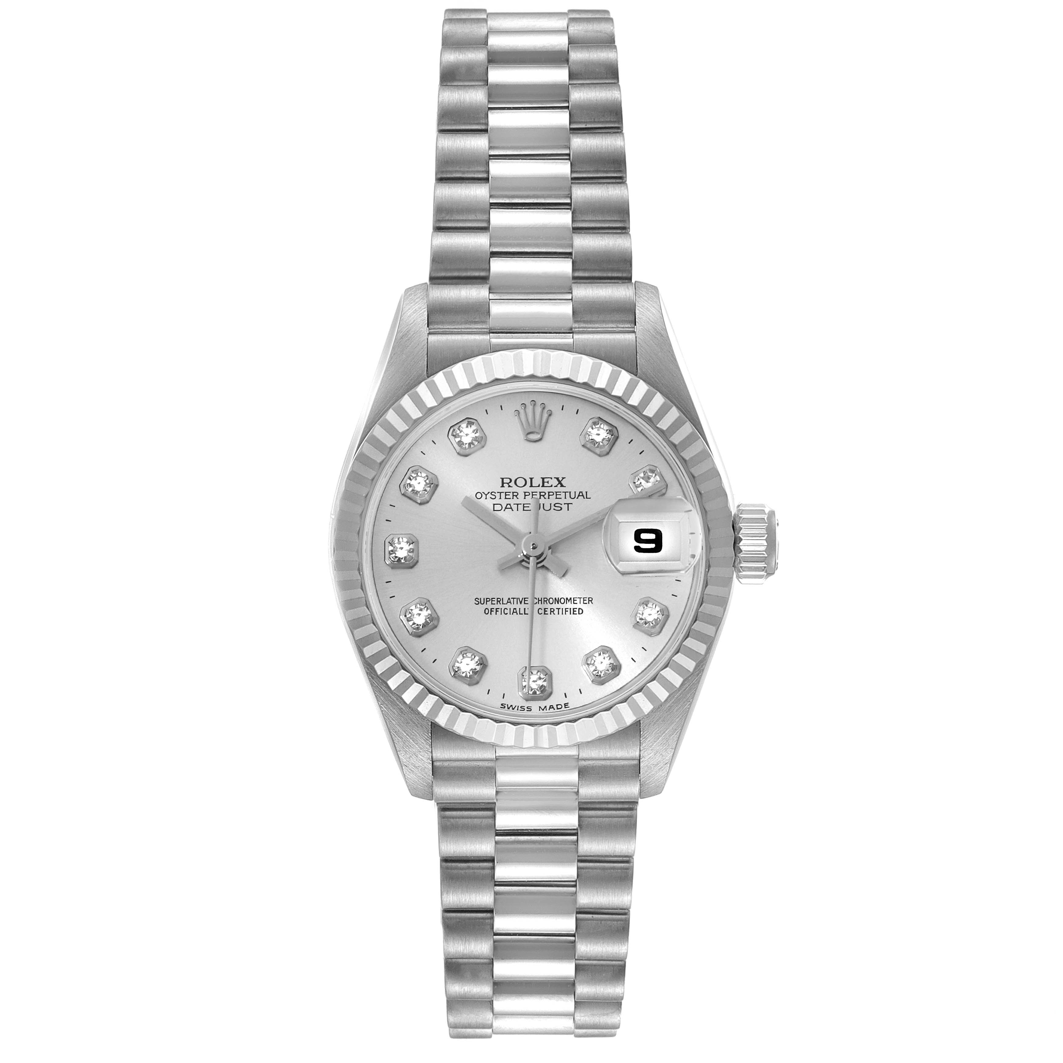 This image shows a front view of the Rolex President 69179 Women's White Gold Silver Dial 69179 Women's White Gold Silver Dial model watch, displaying the dial, bezel, bracelet, and date feature.
