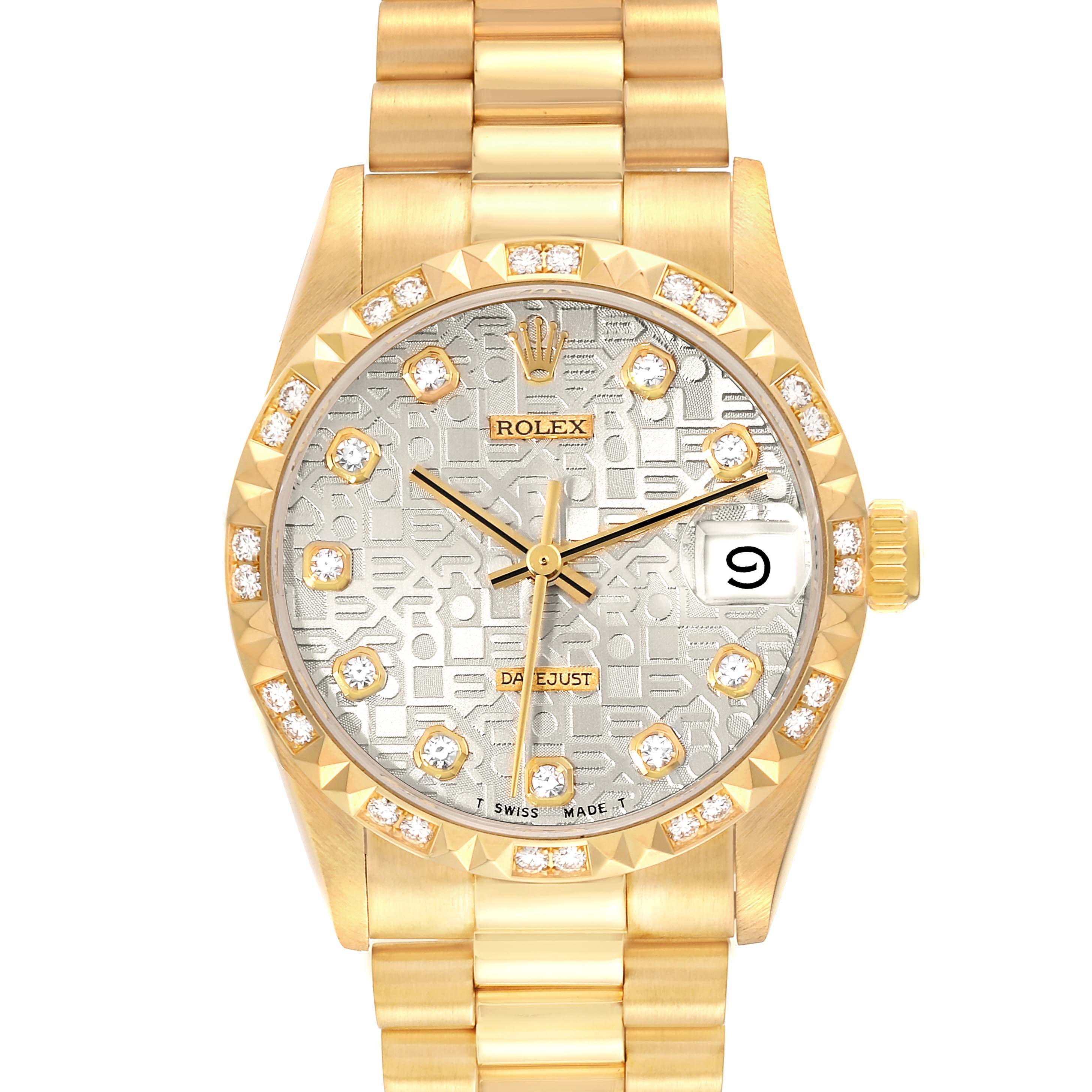 The image shows a front view of the Rolex President 68258 Women's Yellow Gold Silver Dial 68258 Women's Yellow Gold Silver Dial model watch, displaying its face, bezel, crown, and bracelet.