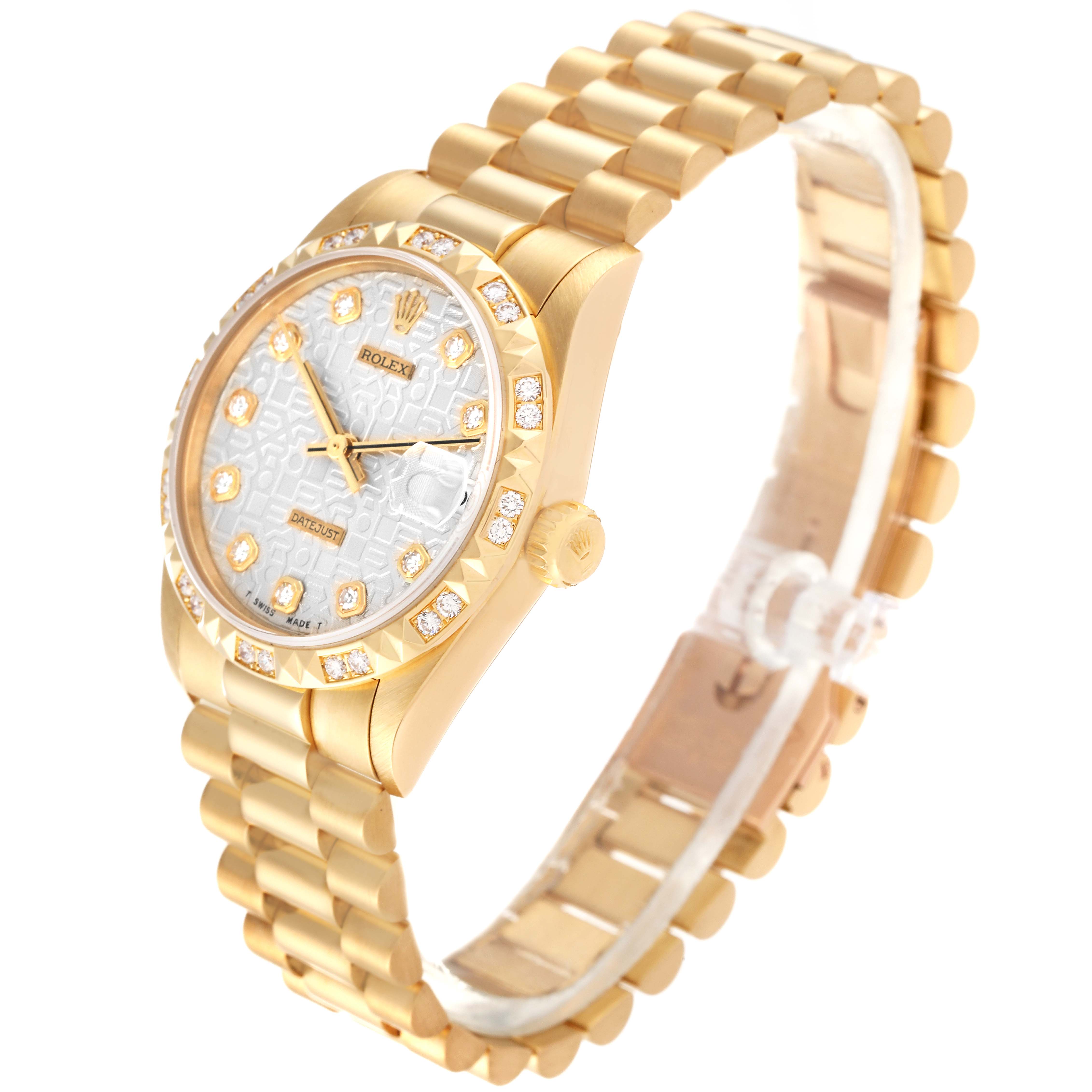 The image shows a side-angle view of the Rolex President 68258 Women's Yellow Gold Silver Dial 68258 Women's Yellow Gold Silver Dial model watch, highlighting the face, bezel, and part of the bracelet.