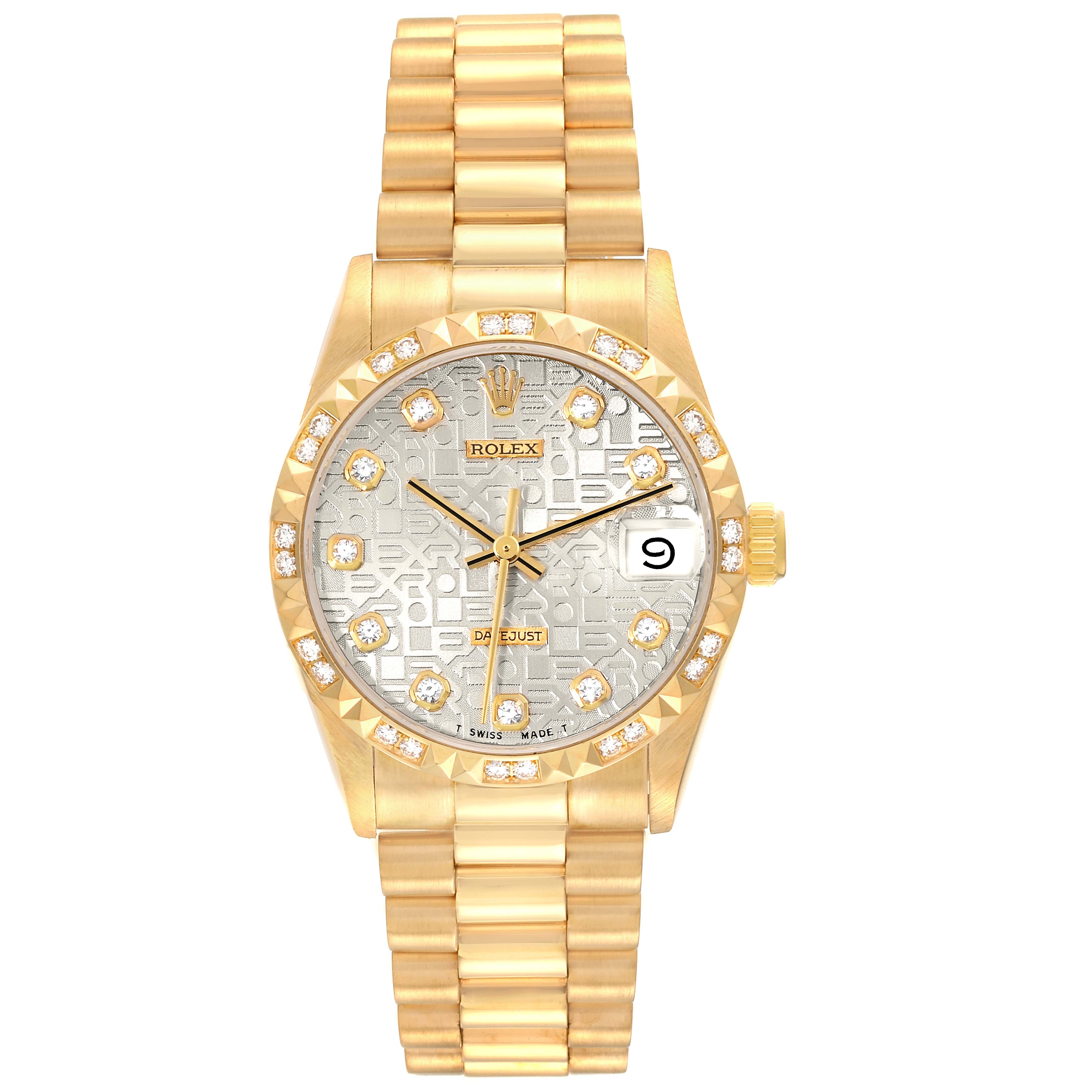 This is a front view of a Rolex President 68258 Women's Yellow Gold Silver Dial 68258 Women's Yellow Gold Silver Dial model watch, showing the dial, bezel, bracelet, and crown.