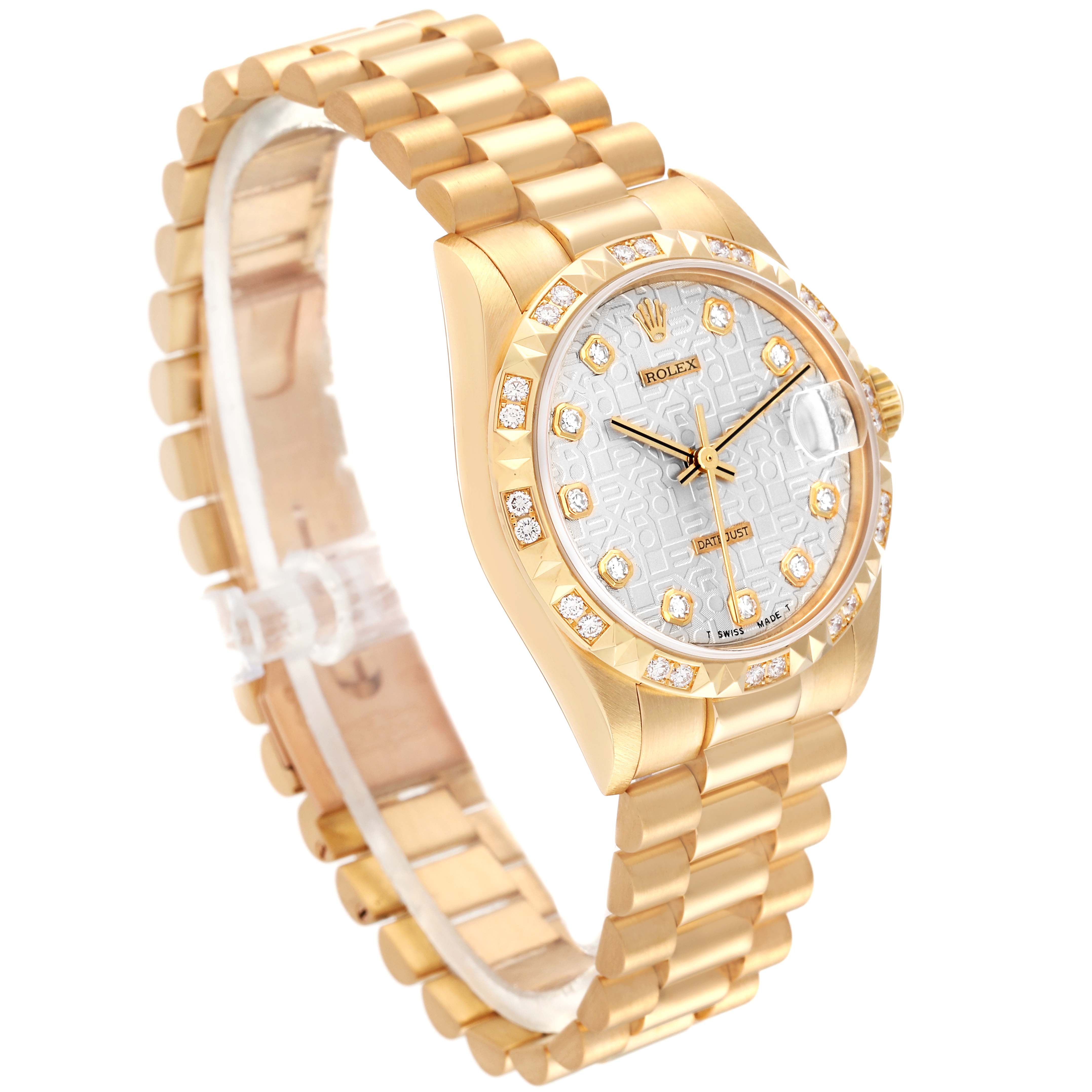 This image shows a Rolex President 68258 Women's Yellow Gold Silver Dial 68258 Women's Yellow Gold Silver Dial model watch at a three-quarter angle, highlighting the gold bracelet, bezel, and diamond-studded dial.