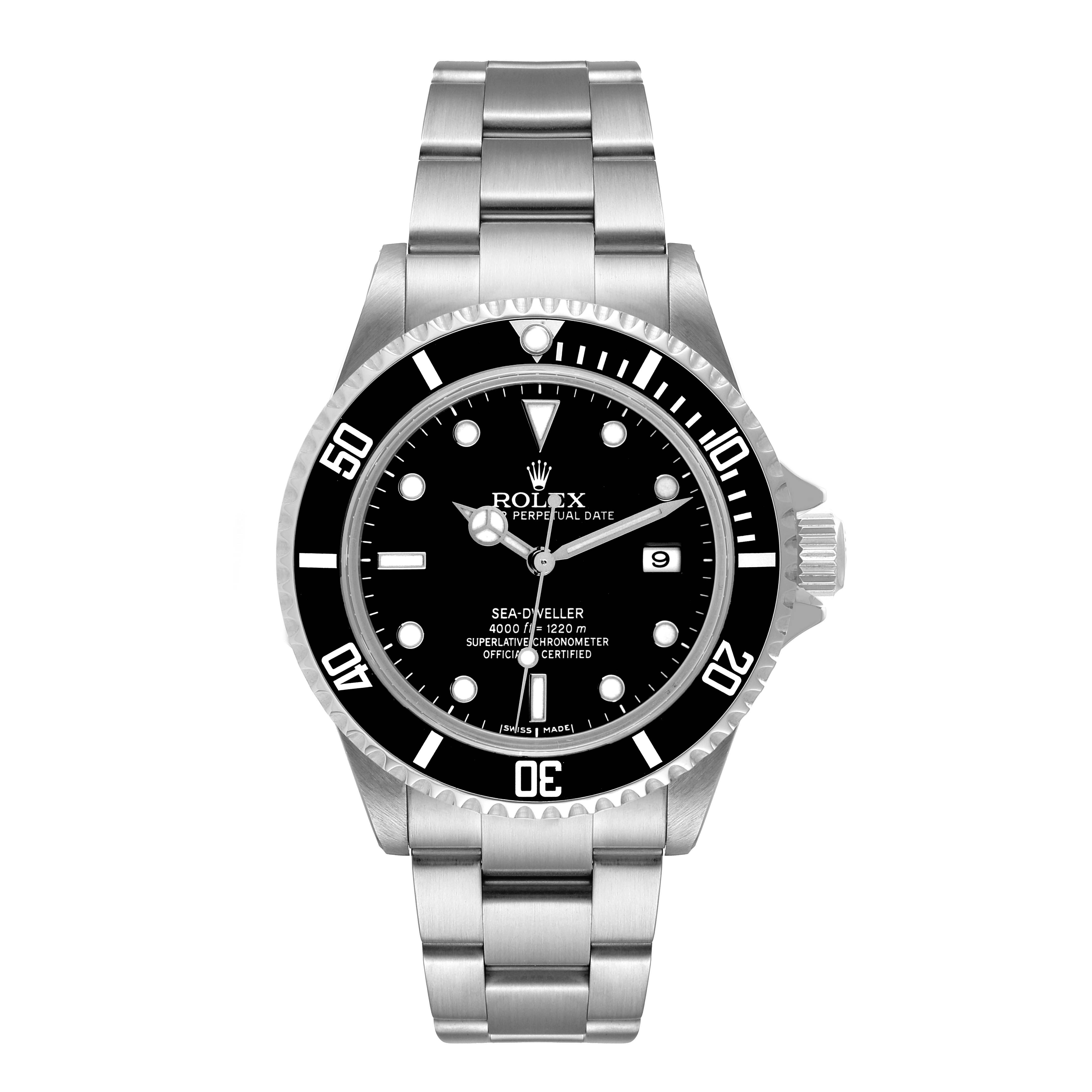 The image shows a front view of the Rolex Sea-Dweller 16600 Men
s Stainless Steel Black Dial 16600 Men
s Stainless Steel Black Dial watch, highlighting its dial, bezel, and stainless steel bracelet.