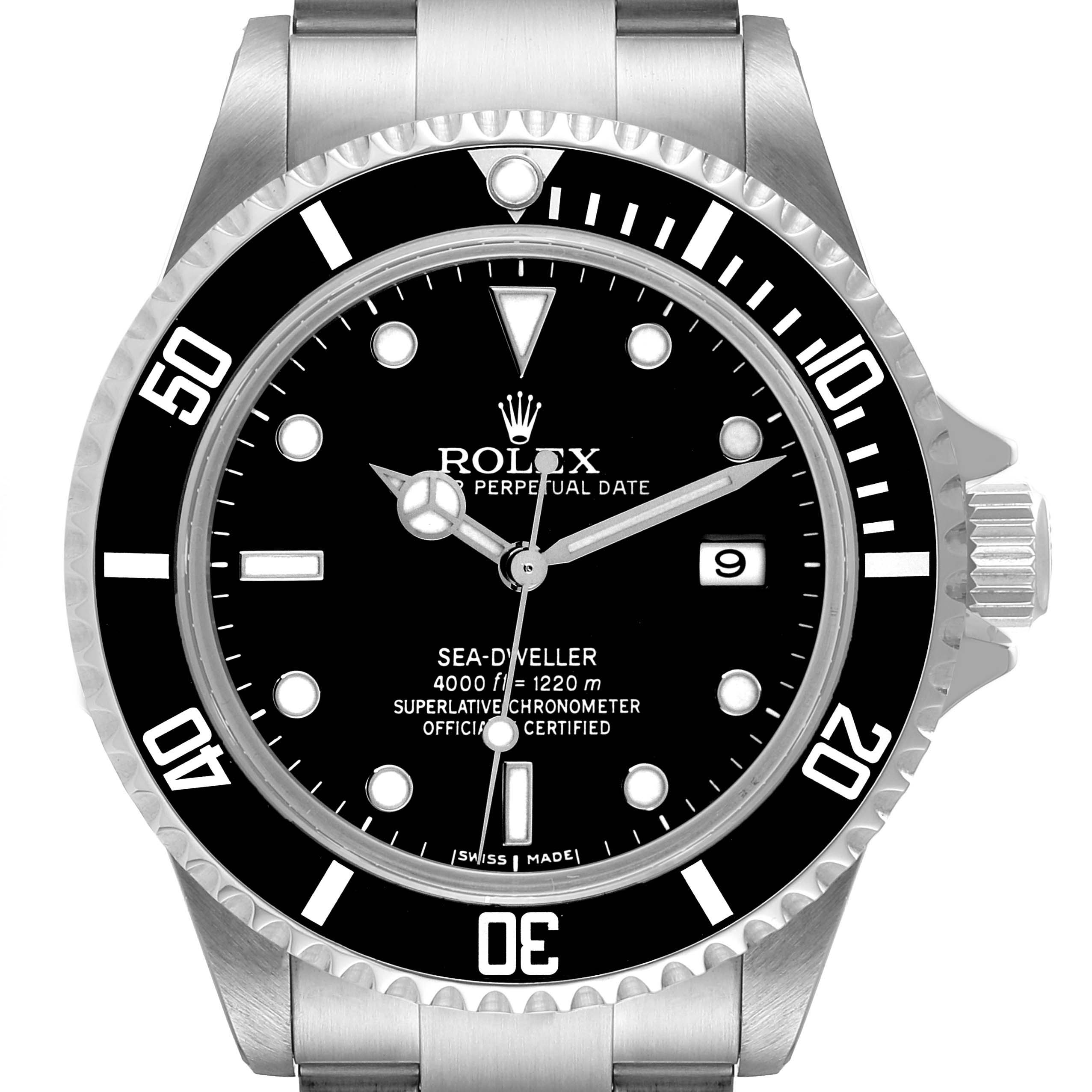 The image shows a front view of a Rolex Sea-Dweller 16600 Men
s Stainless Steel Black Dial 16600 Men
s Stainless Steel Black Dial watch, highlighting its dial, bezel, and part of the bracelet.