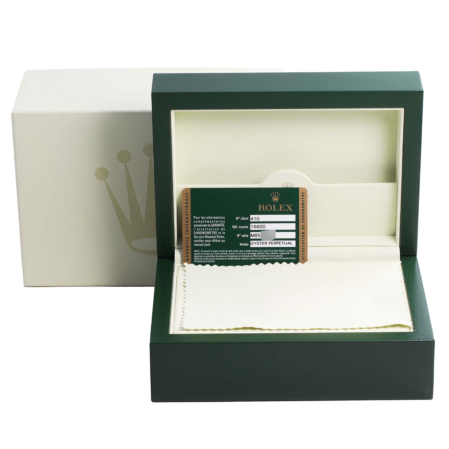 The image shows an open box for the Rolex Sea-Dweller 16600 Men
s Stainless Steel Black Dial 16600 Men
s Stainless Steel Black Dial watch, displaying the Best Quality
ity card and a cleaning cloth.