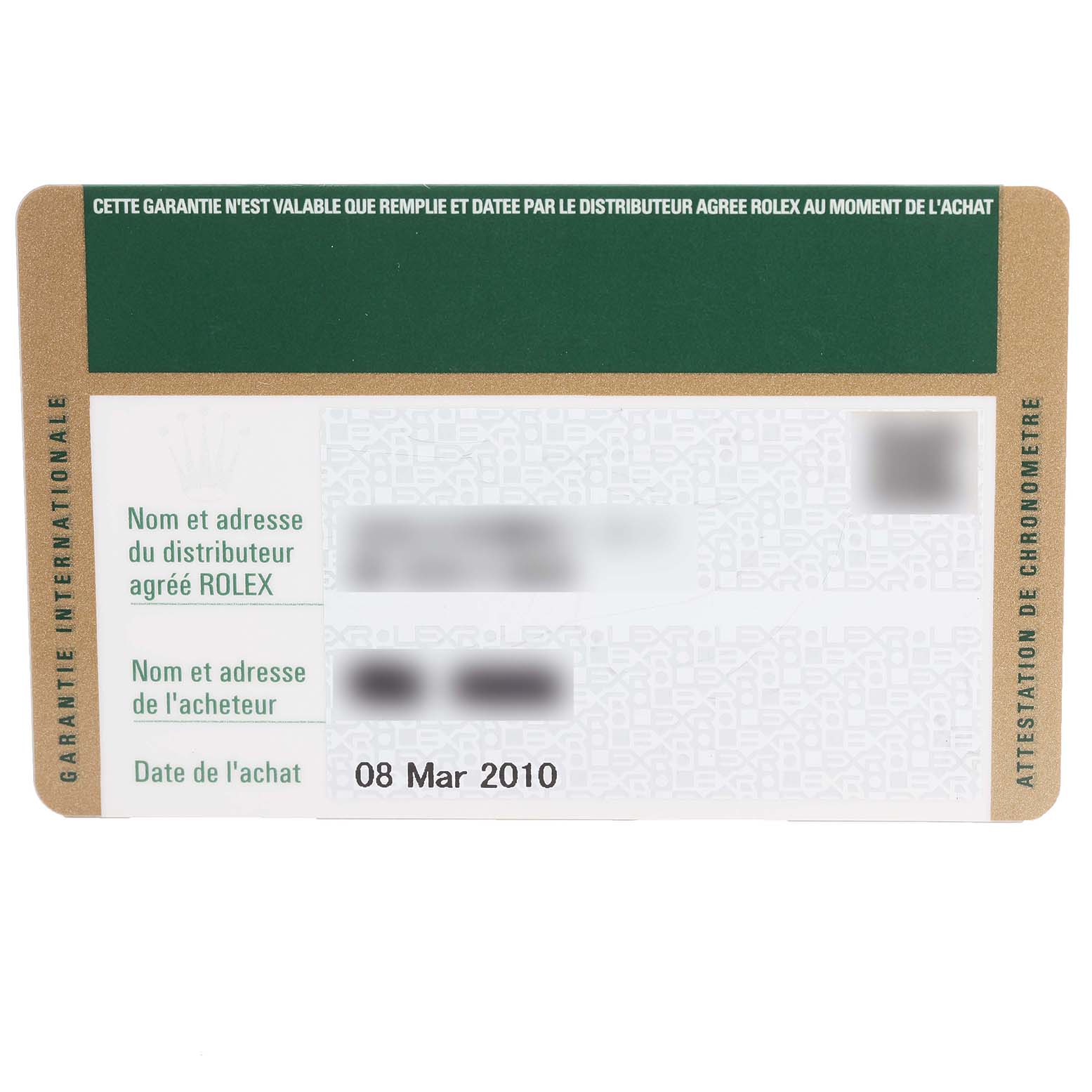 This image shows the warranty card for the Rolex Sea-Dweller 16600 Men
s Stainless Steel Black Dial 16600 Men
s Stainless Steel Black Dial, displaying the purchase date and dealer information.