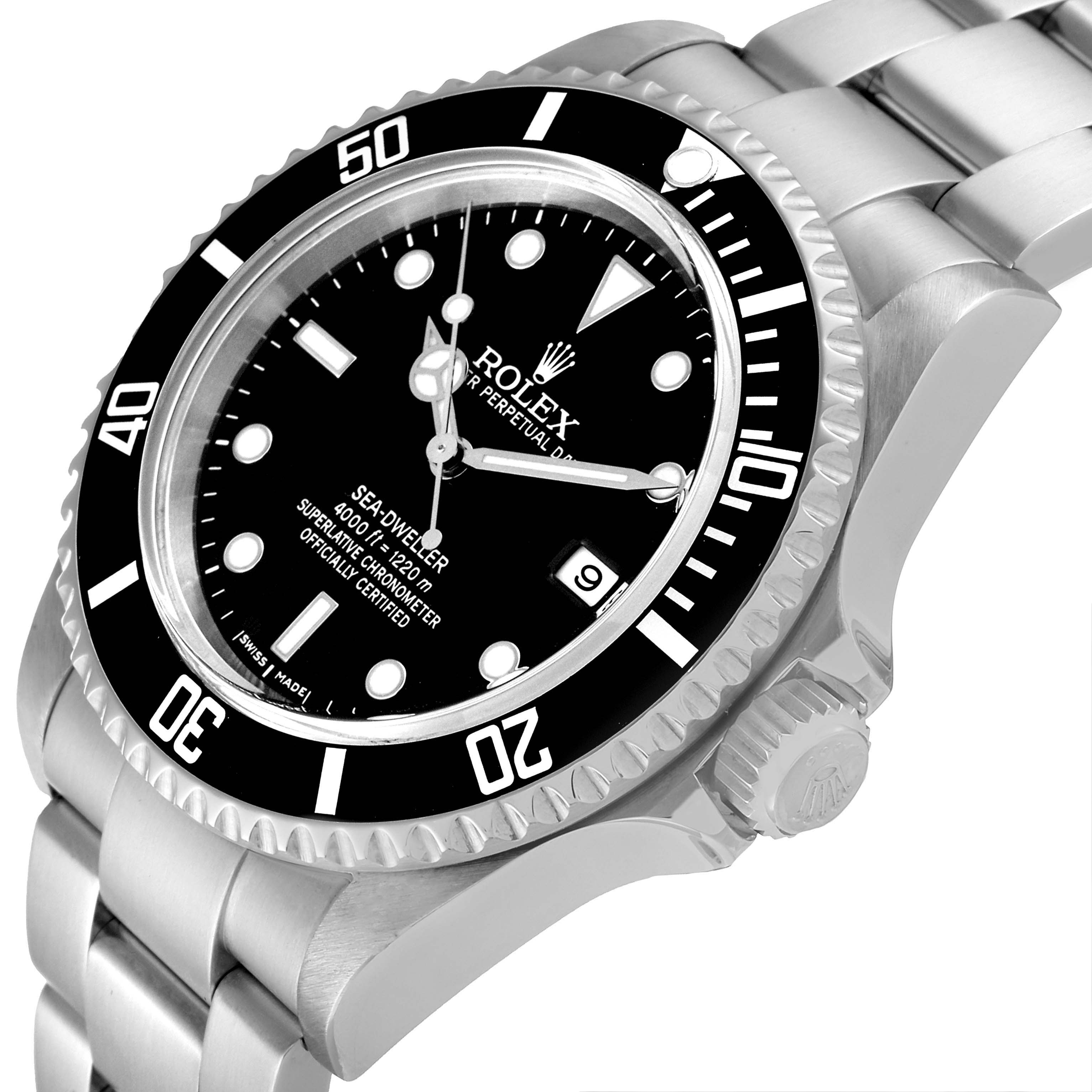 The Rolex Sea-Dweller 16600 Men
s Stainless Steel Black Dial 16600 Men
s Stainless Steel Black Dial watch is shown at an angled close-up, highlighting the bezel, dial, crown, and part of the bracelet.
