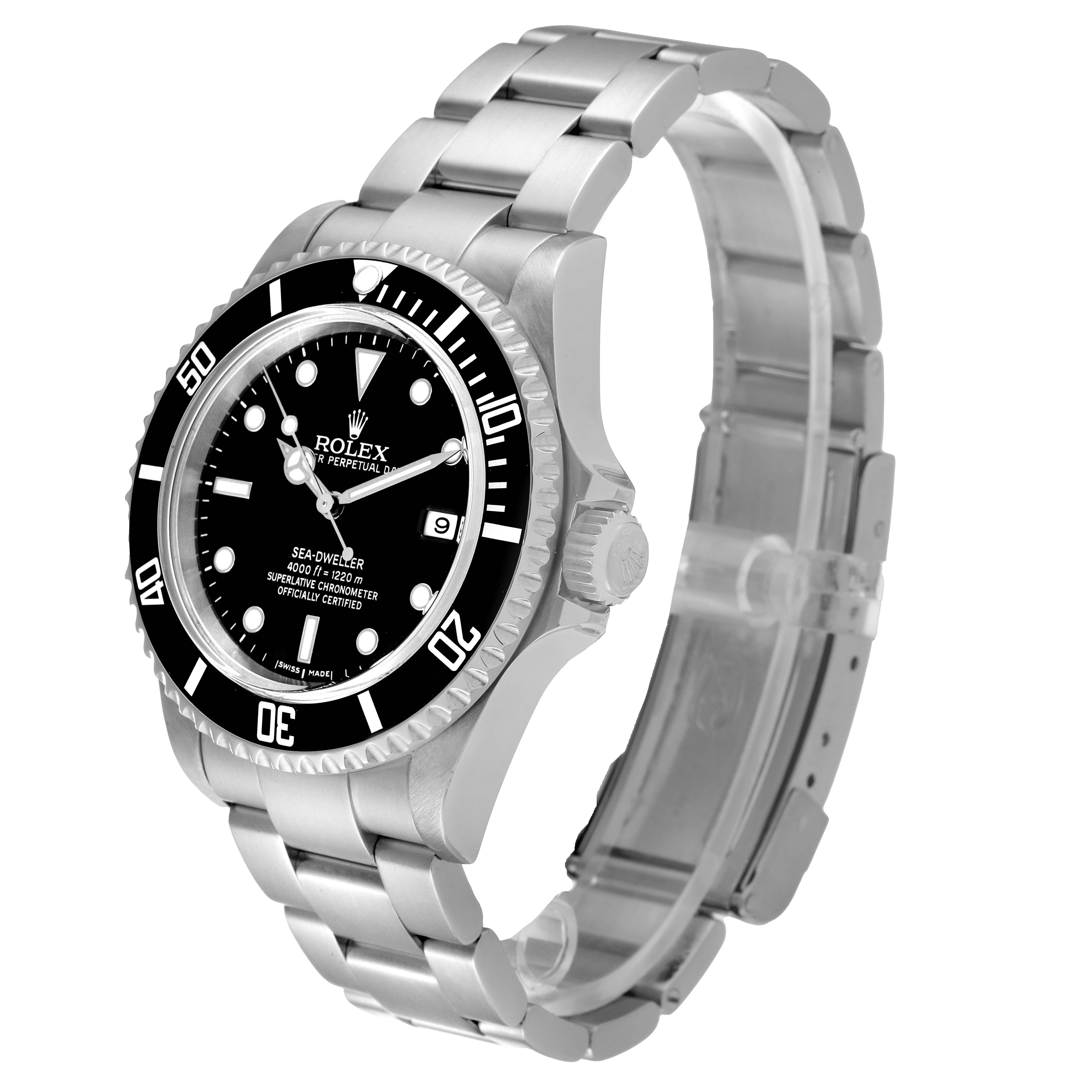 The image shows a Rolex Sea-Dweller 16600 Men
s Stainless Steel Black Dial 16600 Men
s Stainless Steel Black Dial watch from an angled side view, highlighting the bezel, dial, case, crown, and bracelet.