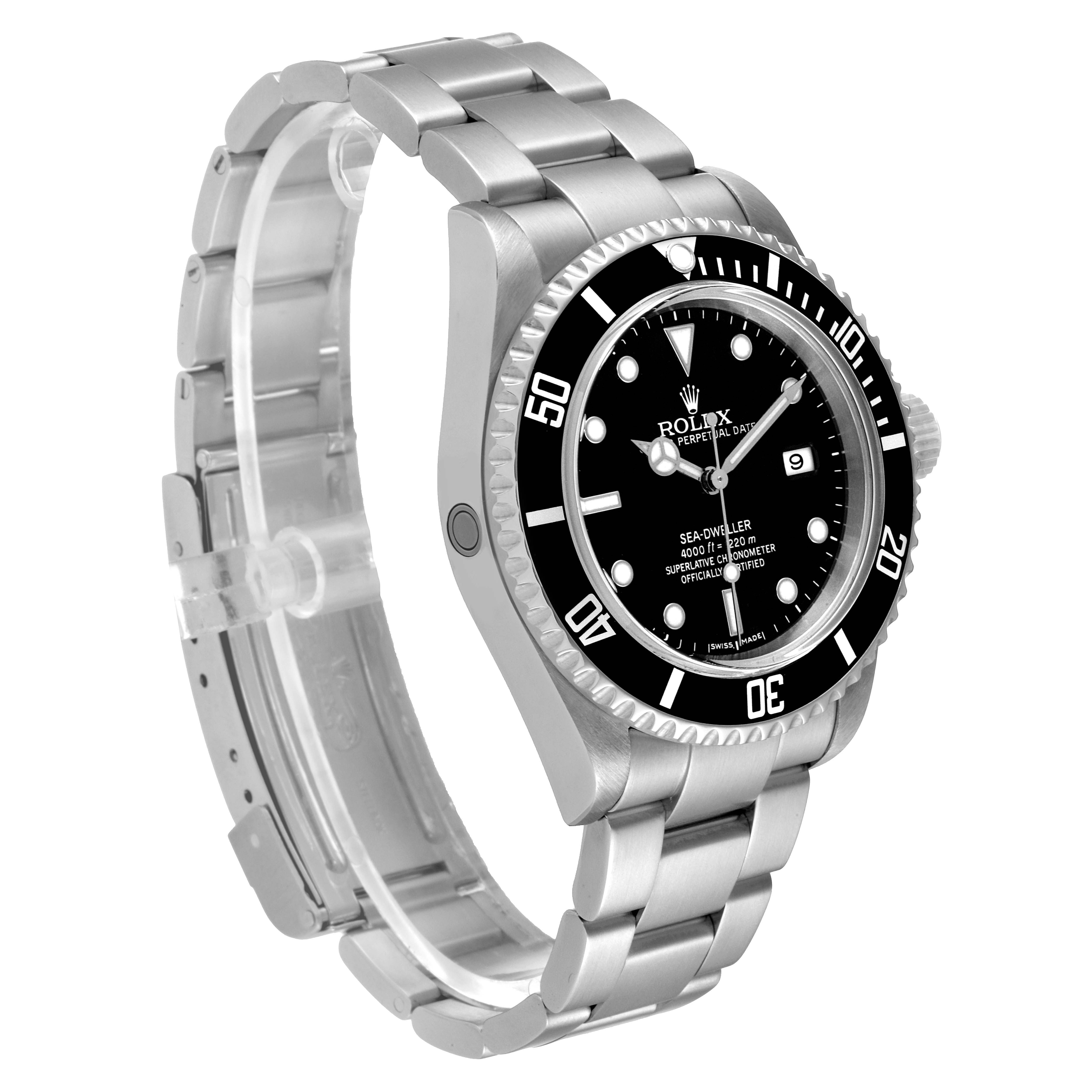 The image shows a Rolex Sea-Dweller 16600 Men
s Stainless Steel Black Dial 16600 Men
s Stainless Steel Black Dial watch at a three-quarter angle, highlighting its face, bezel, and metal bracelet.