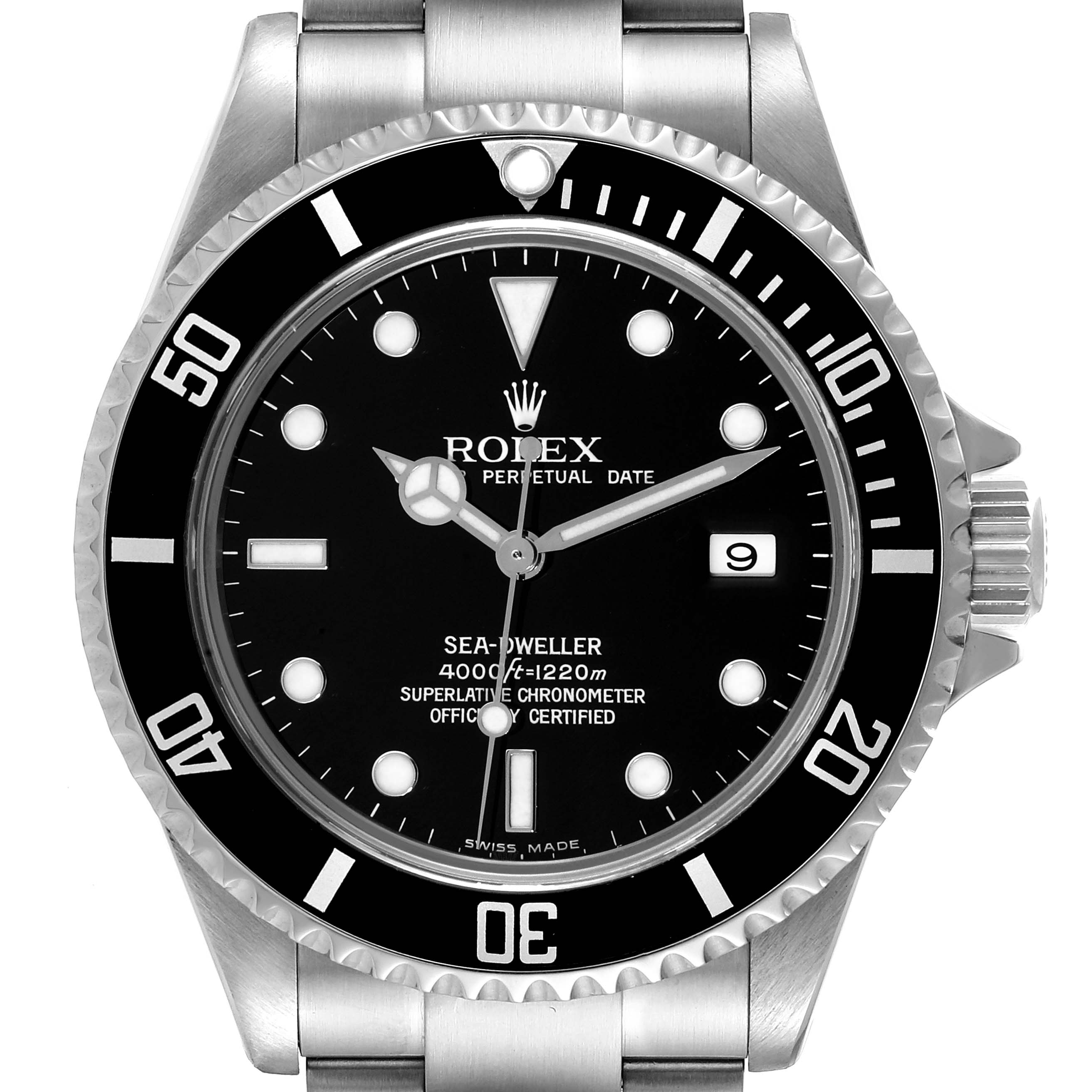 The Rolex Sea-Dweller 16600 Men
s Stainless Steel Black Dial 16600 Men
s Stainless Steel Black Dial watch is shown from a front angle, highlighting its dial, bezel, and crown.