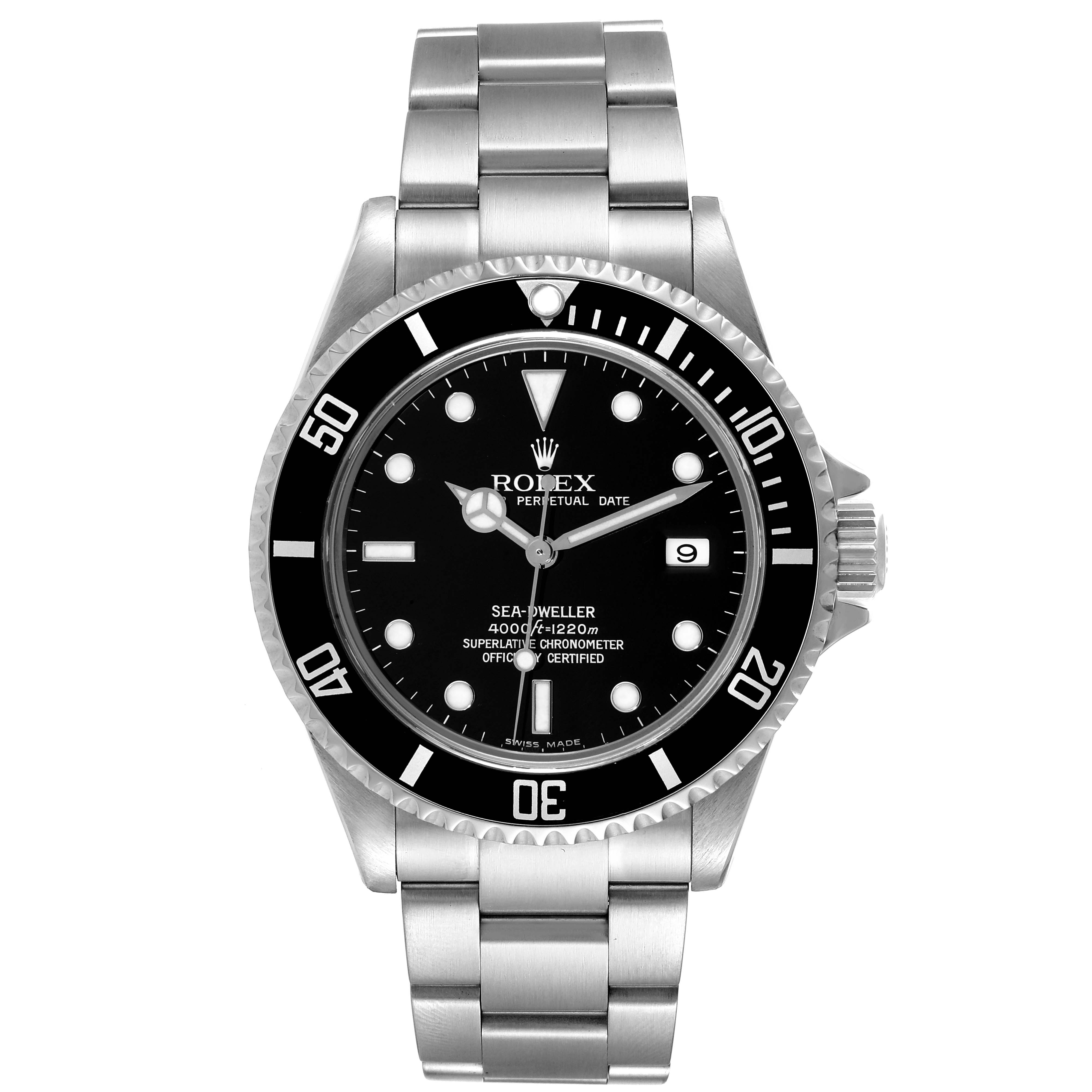 The Rolex Sea-Dweller 16600 Men
s Stainless Steel Black Dial 16600 Men
s Stainless Steel Black Dial watch is shown from the front, displaying its dial, bezel, bracelet, and crown.