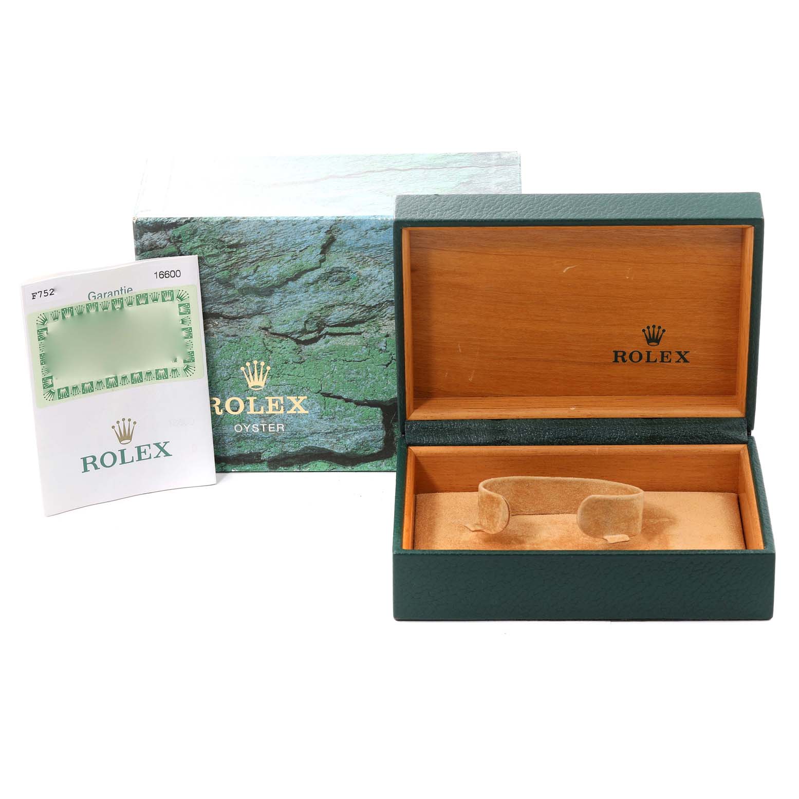 The image shows an empty Rolex Sea-Dweller 16600 Men
s Stainless Steel Black Dial 16600 Men
s Stainless Steel Black Dial watch box, a warranty card, and the exterior packaging.