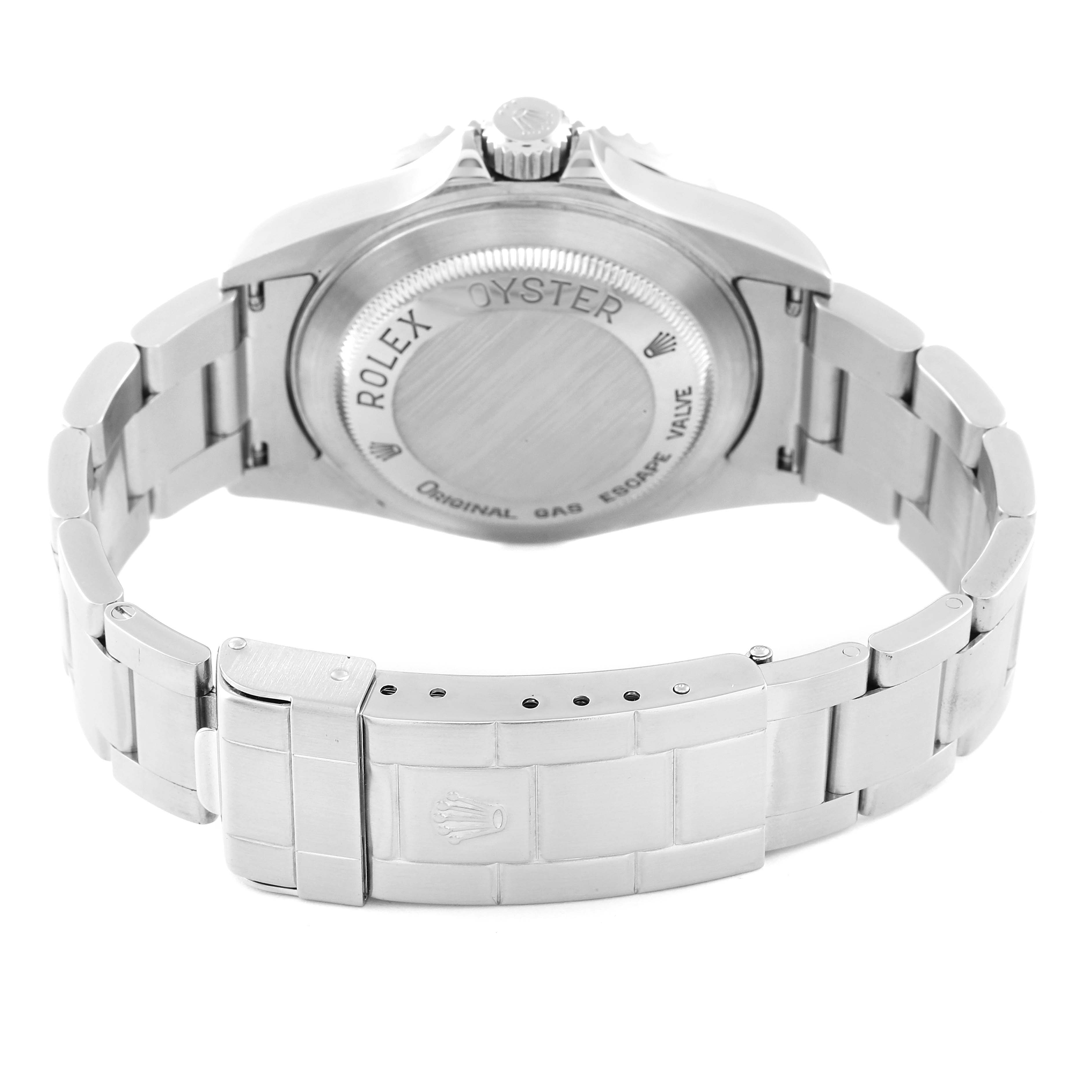 The image shows the back view of a Rolex Sea-Dweller 16600 Men
s Stainless Steel Black Dial 16600 Men
s Stainless Steel Black Dial watch and its metal bracelet, focusing on the case back and clasp.