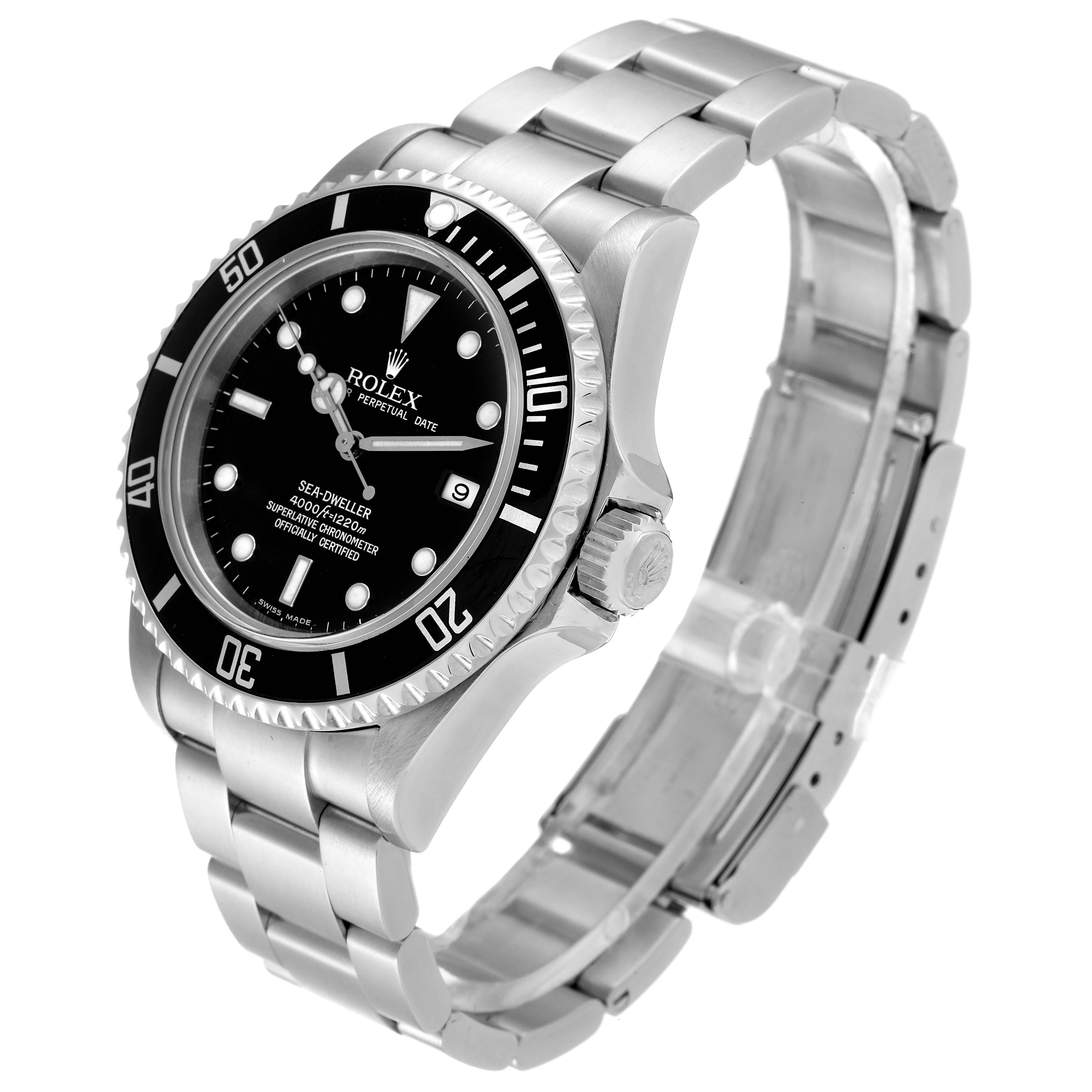 The Rolex Sea-Dweller 16600 Men
s Stainless Steel Black Dial 16600 Men
s Stainless Steel Black Dial watch is shown at a side angle, displaying its black dial, bezel, bracelet, and crown.