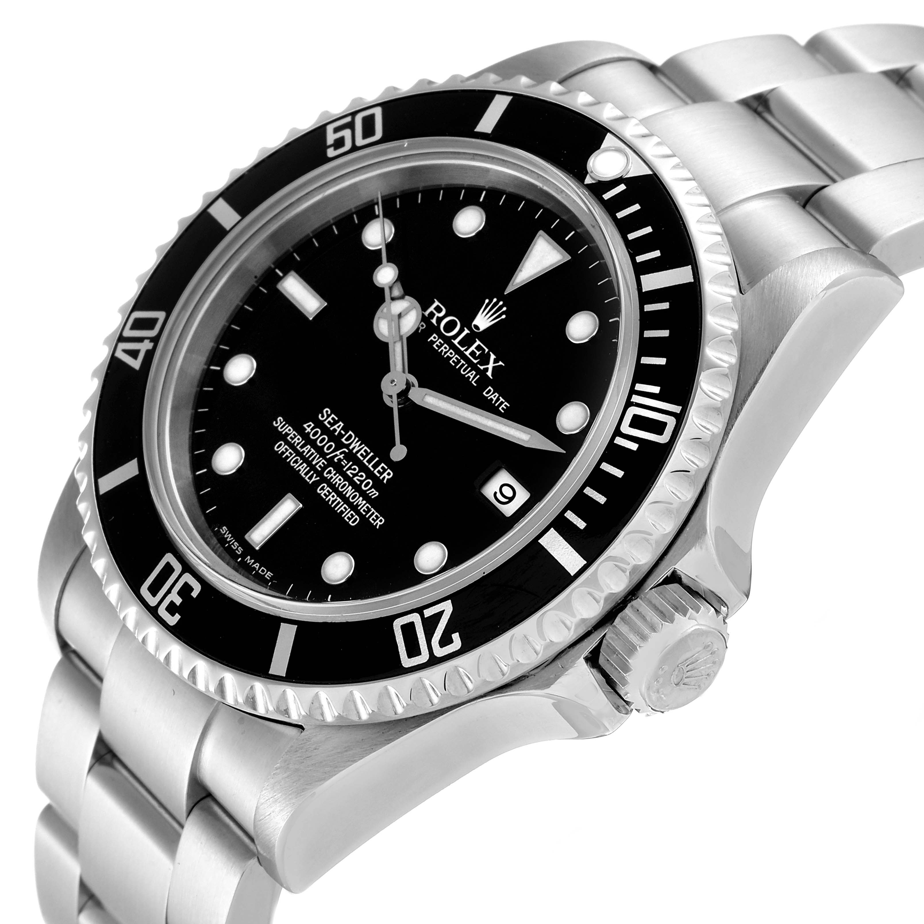This image shows a Rolex Sea-Dweller 16600 Men
s Stainless Steel Black Dial 16600 Men
s Stainless Steel Black Dial watch at a three-quarter angle, highlighting the face, bezel, and part of the bracelet.
