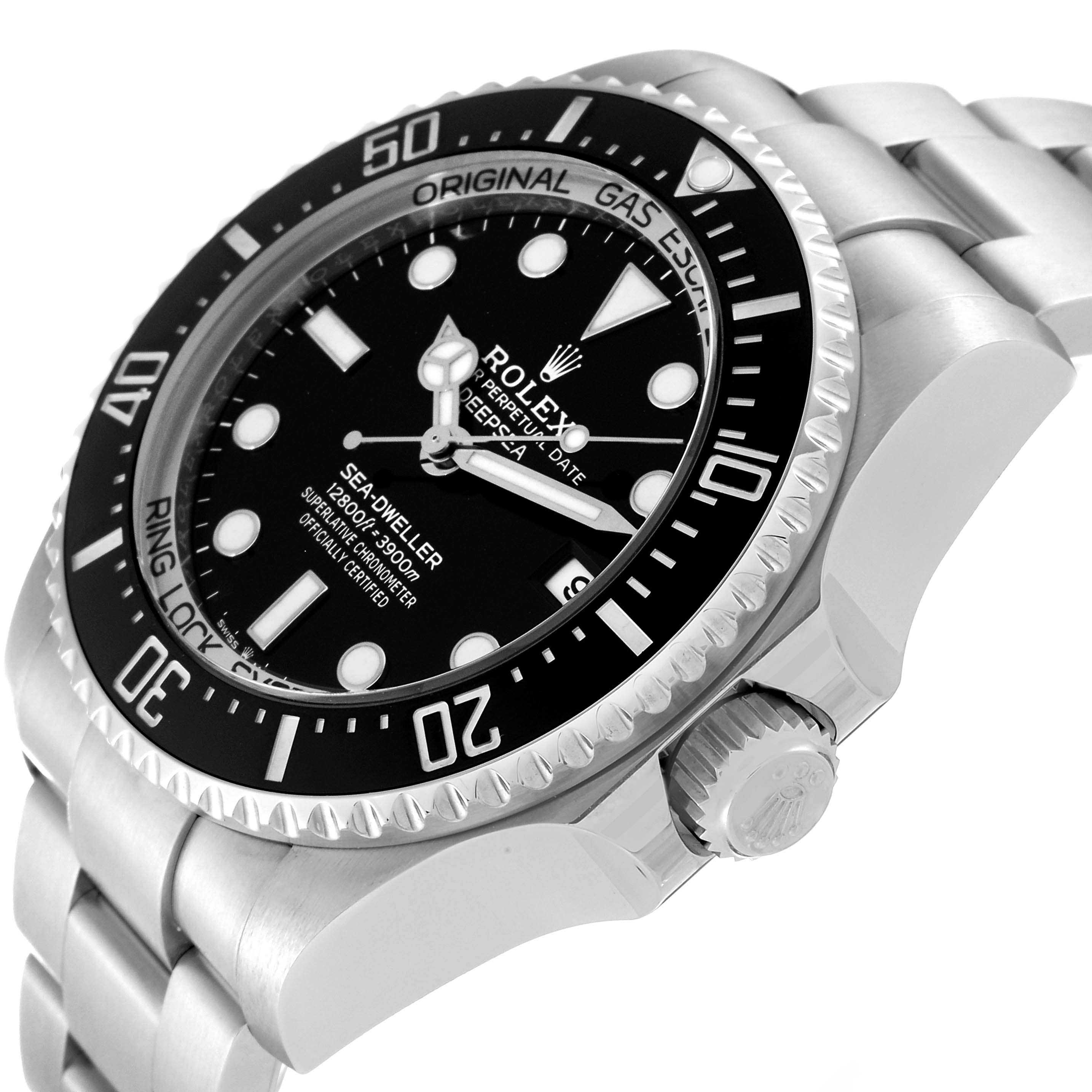 This image shows a close-up of the Rolex Sea-Dweller 136660 Men
s Stainless Steel Black Dial 136660 Men
s Stainless Steel Black Dial watch, focusing on its dial, bezel, and crown.