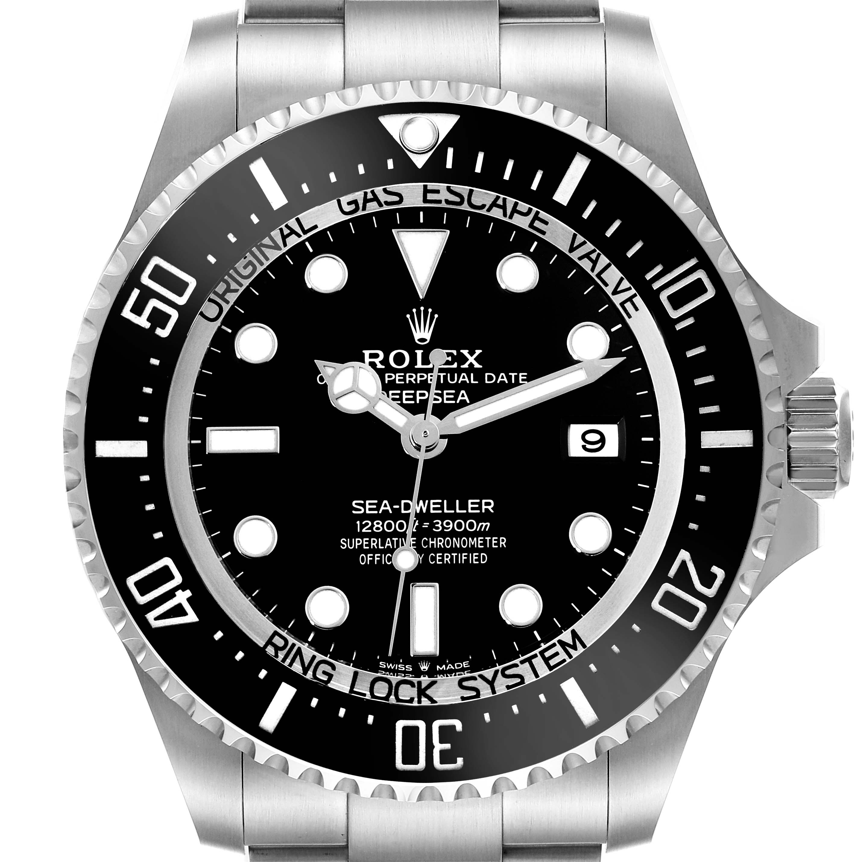 This image shows a front view of a Rolex Sea-Dweller 136660 Men
s Stainless Steel Black Dial 136660 Men
s Stainless Steel Black Dial watch, displaying the dial, bezel, and crown.
