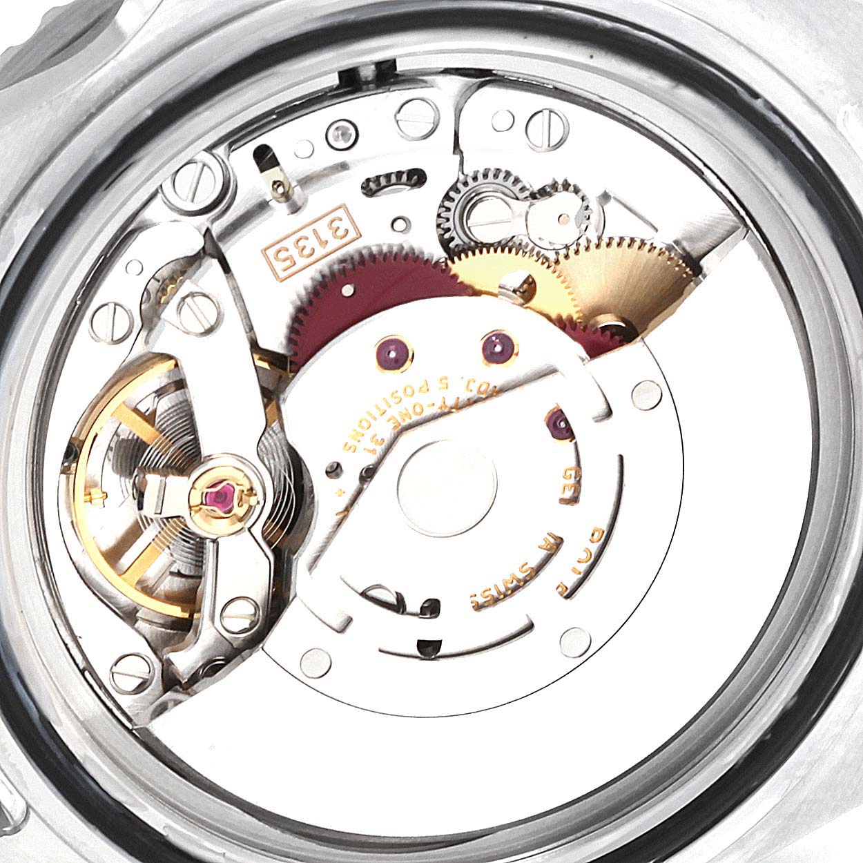 The image shows the internal mechanical movement of the Rolex Submariner 16610 Men
s Stainless Steel Black Dial 16610 Men
s Stainless Steel Black Dial watch from a back angle.