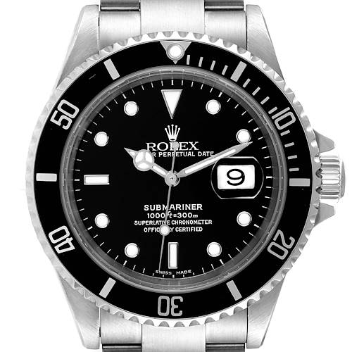 The image shows a front view of a Rolex Submariner watch, highlighting its black dial, bezel, and stainless steel bracelet.