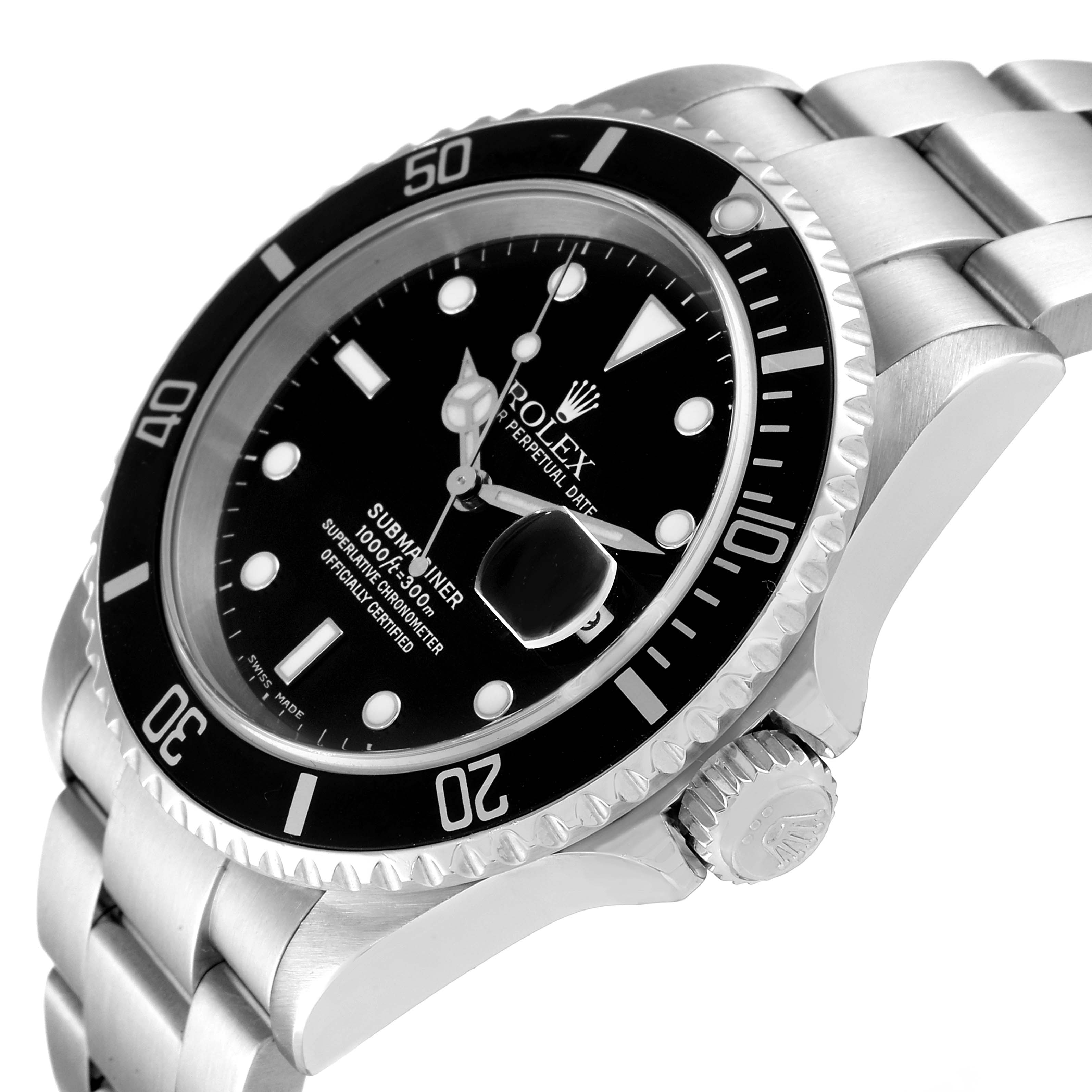 The image shows the Rolex Submariner 16610 Men
s Stainless Steel Black Dial 16610 Men
s Stainless Steel Black Dial watch from an angled side view, highlighting the dial, bezel, and bracelet.
