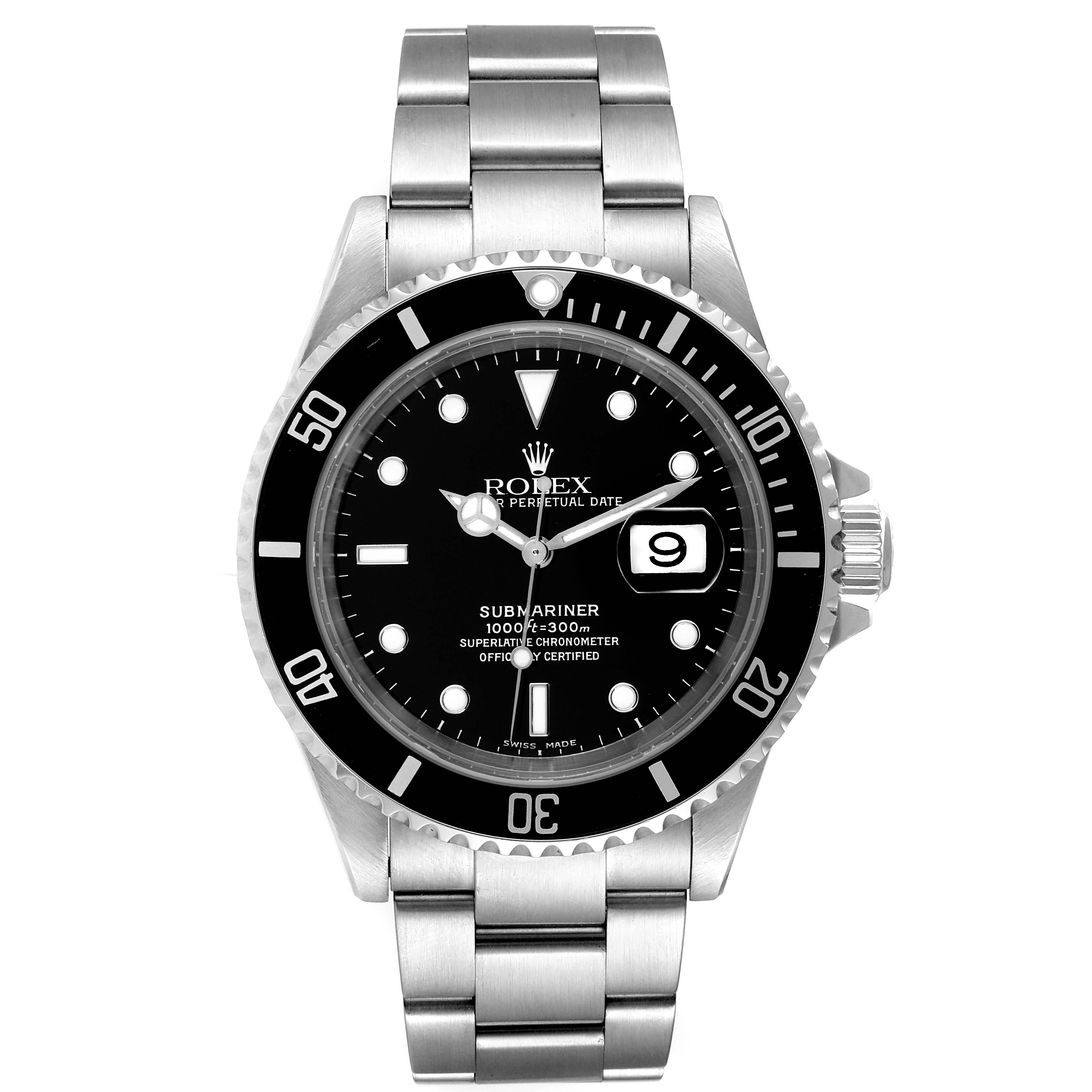 The image shows a front view of the Rolex Submariner 16610 Men
s Stainless Steel Black Dial 16610 Men
s Stainless Steel Black Dial watch, displaying its face, bezel, and bracelet.