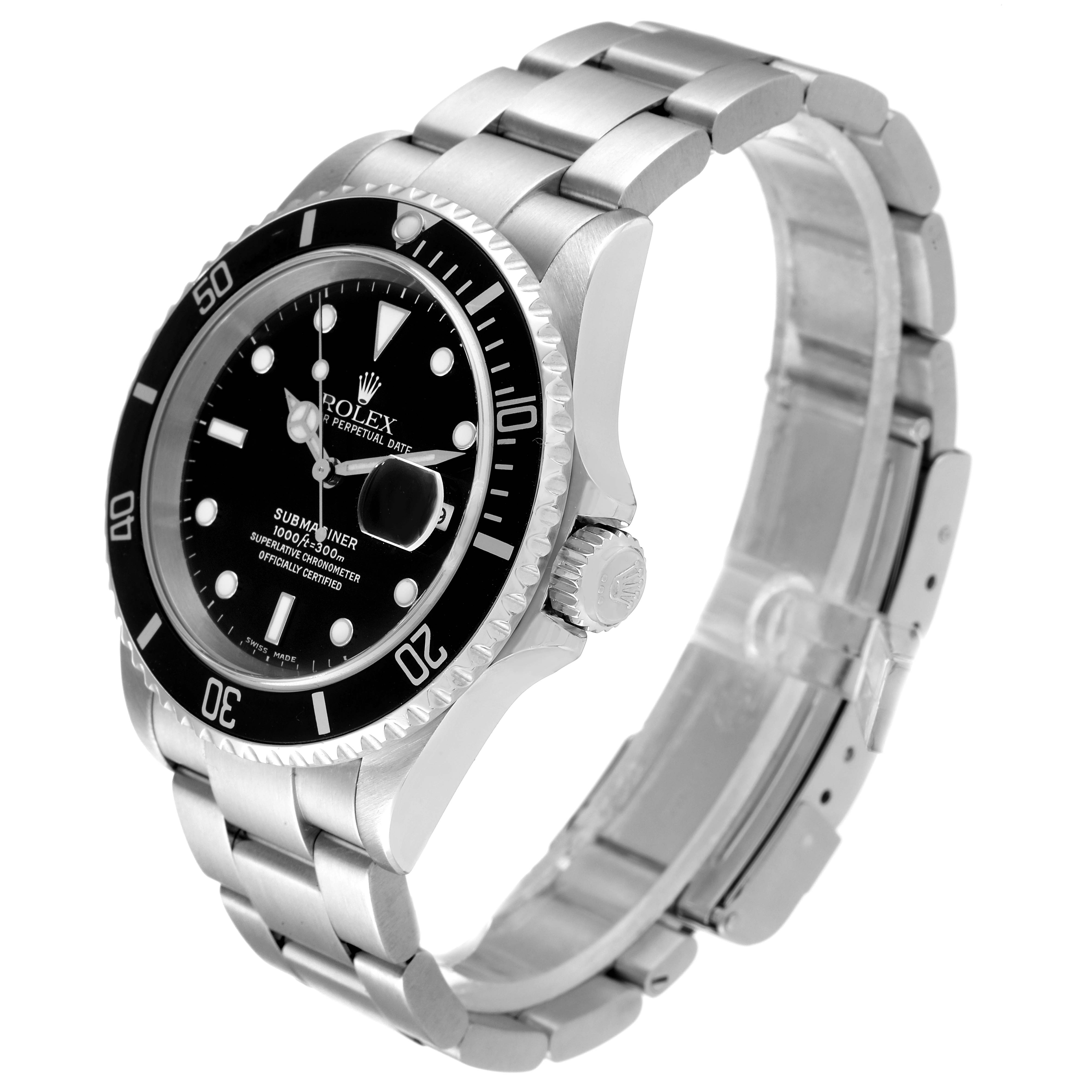 The image shows a Rolex Submariner 16610 Men
s Stainless Steel Black Dial 16610 Men
s Stainless Steel Black Dial watch from an angled perspective, highlighting its black bezel, dial, and stainless steel bracelet.