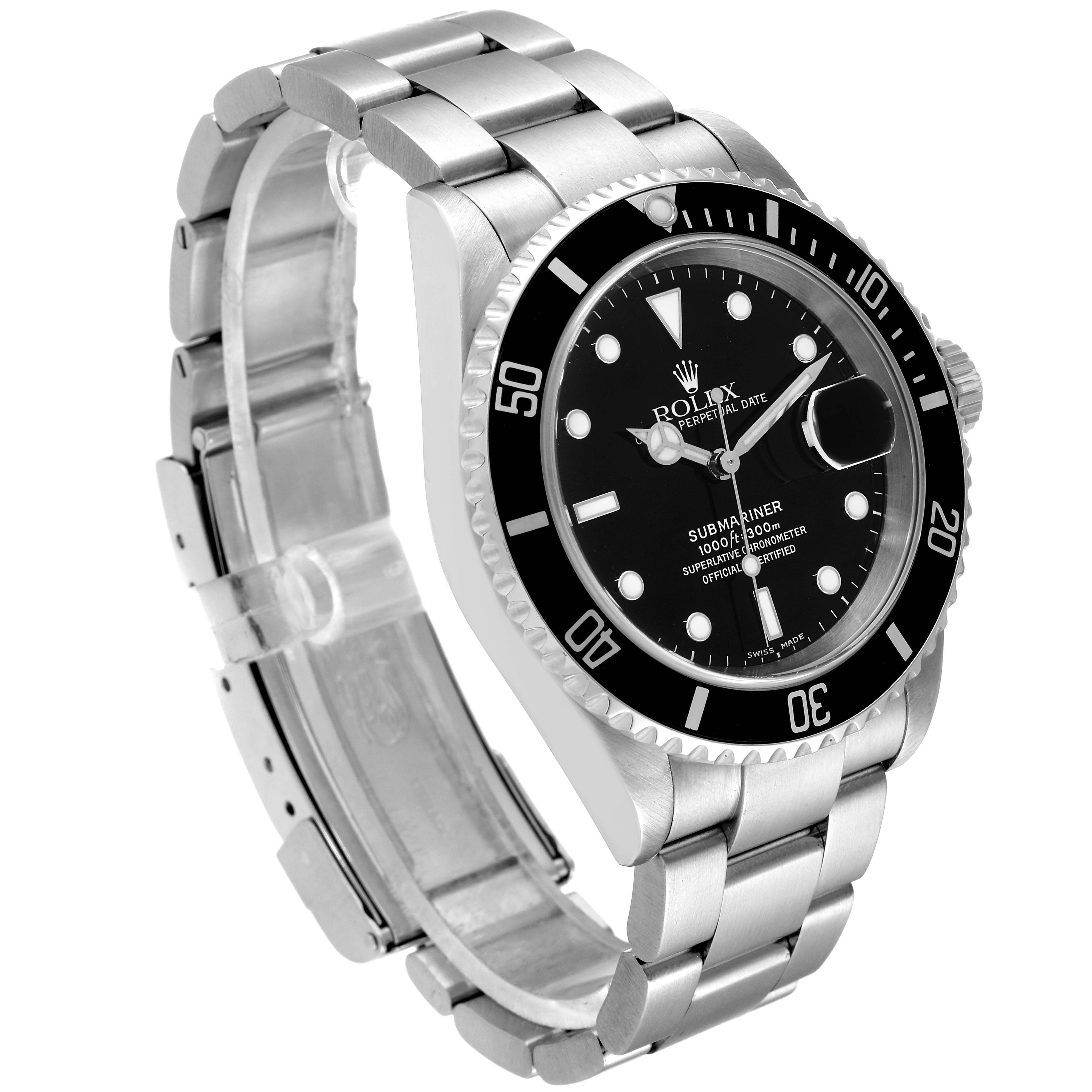 The Rolex Submariner 16610 Men
s Stainless Steel Black Dial 16610 Men
s Stainless Steel Black Dial watch is shown at a three-quarter angle, highlighting its face, bezel, and stainless steel bracelet.