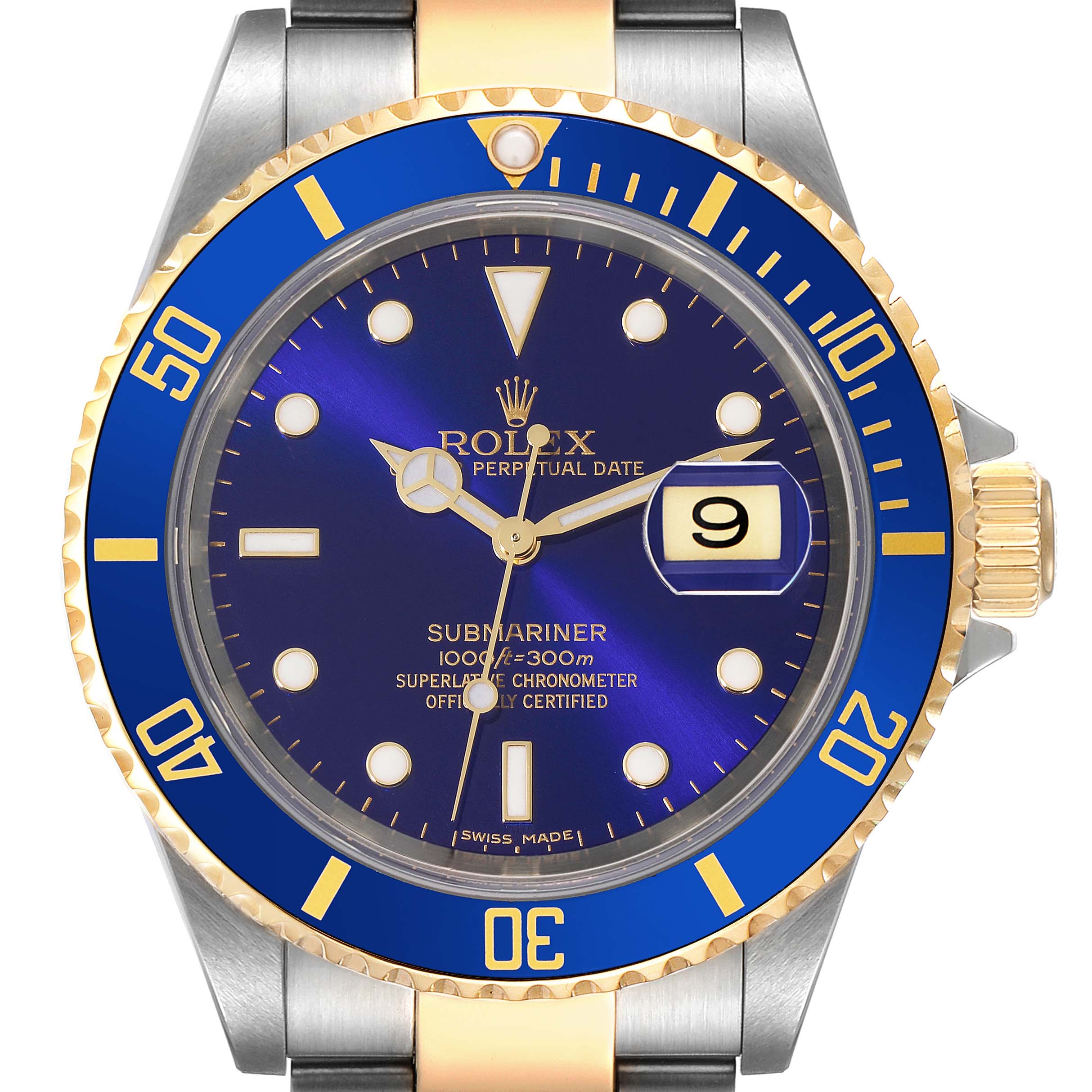 This image shows a front view of the Rolex Submariner 16613 Men's Steel and Gold (two tone) Blue Dial 16613 Men's Steel and Gold (two tone) Blue Dial watch, highlighting its blue dial, date display, and blue-and-gold bezel.