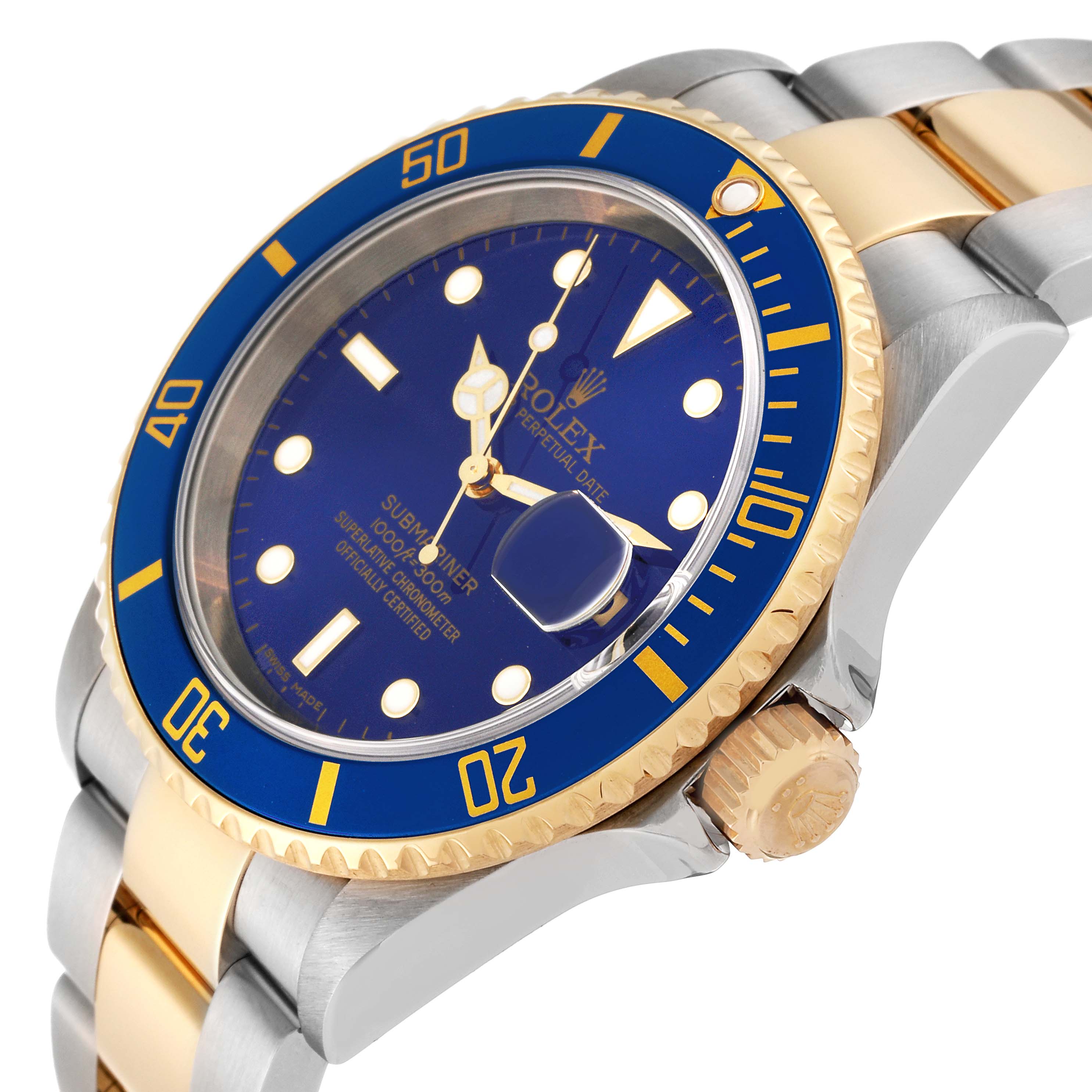 The image shows a Rolex Submariner 16613 Men's Steel and Gold (two tone) Blue Dial 16613 Men's Steel and Gold (two tone) Blue Dial watch at a three-quarter angle highlighting the dial, bezel, crown, and part of the bracelet.