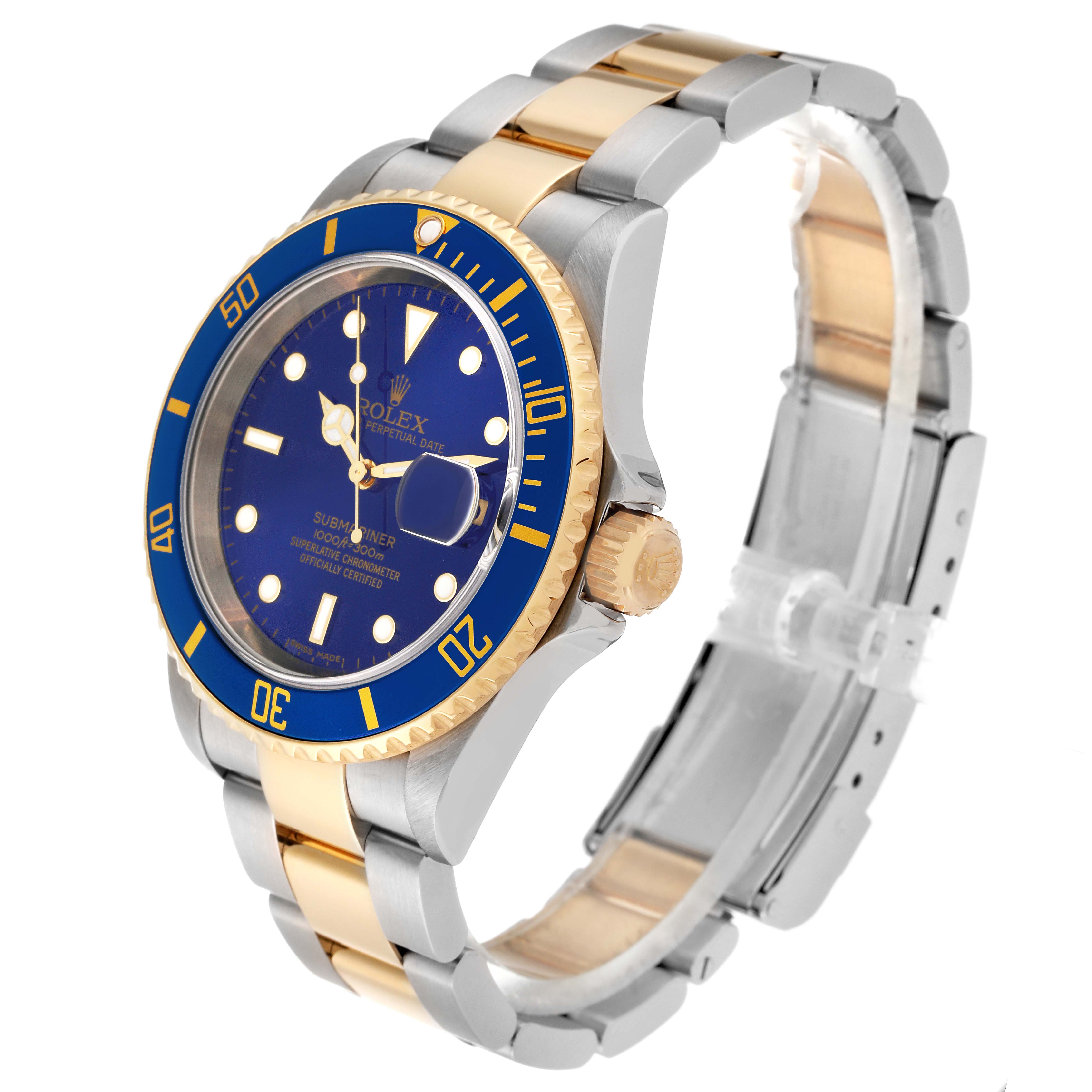 This image shows a Rolex Submariner 16613 Men's Steel and Gold (two tone) Blue Dial 16613 Men's Steel and Gold (two tone) Blue Dial watch at an angled view, displaying the face, bezel, crown, and part of the bracelet.