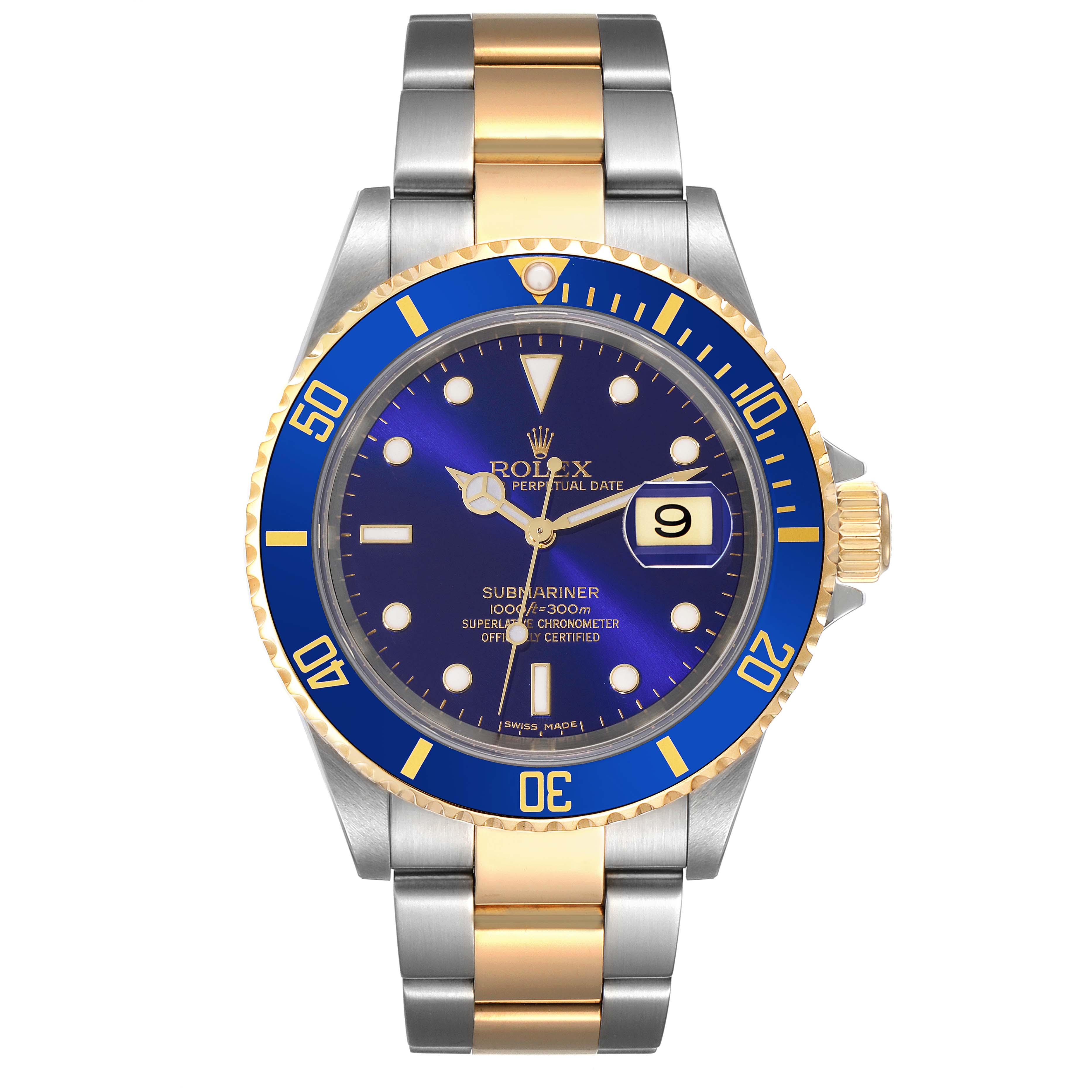 This image shows a front view of the Rolex Submariner 16613 Men's Steel and Gold (two tone) Blue Dial 16613 Men's Steel and Gold (two tone) Blue Dial watch, highlighting the blue dial, bezel, and two-tone bracelet.