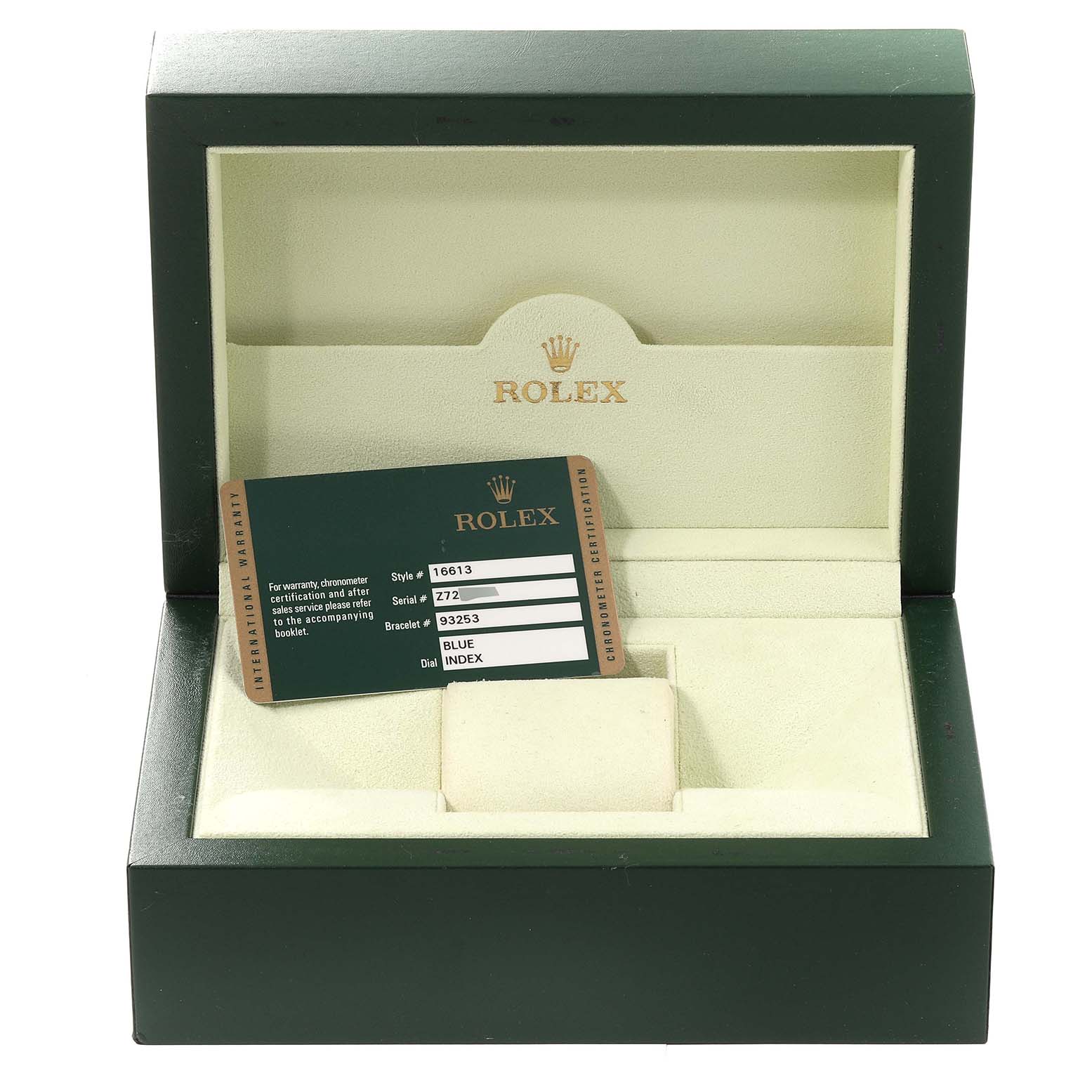 The image shows an open green Rolex box for the Submariner model with a warranty card inside.