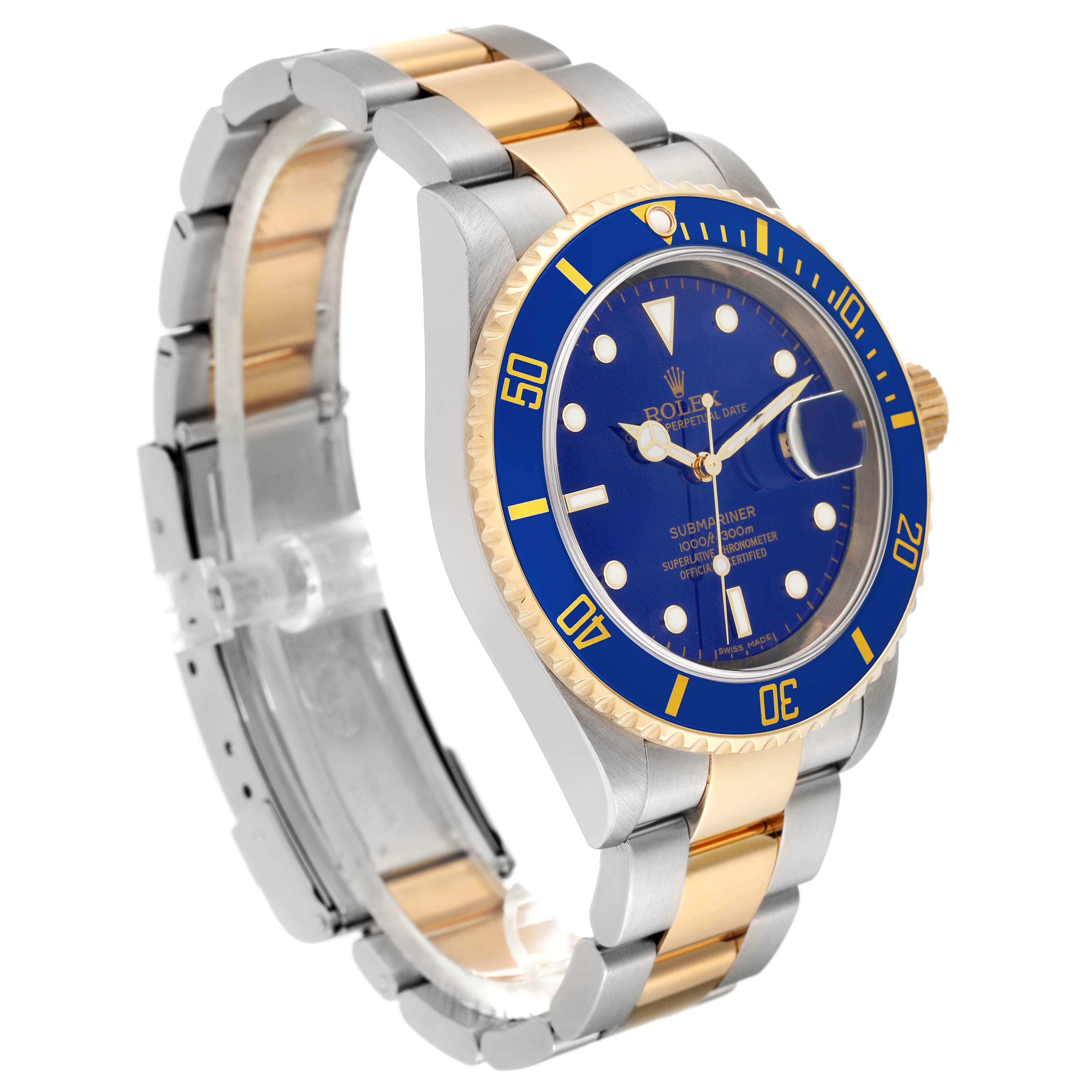 The Rolex Submariner 16613 Men's Steel and Gold (two tone) Blue Dial 16613 Men's Steel and Gold (two tone) Blue Dial watch is shown at an angled side view highlighting the face, bezel, crown, and stainless steel and gold bracelet.