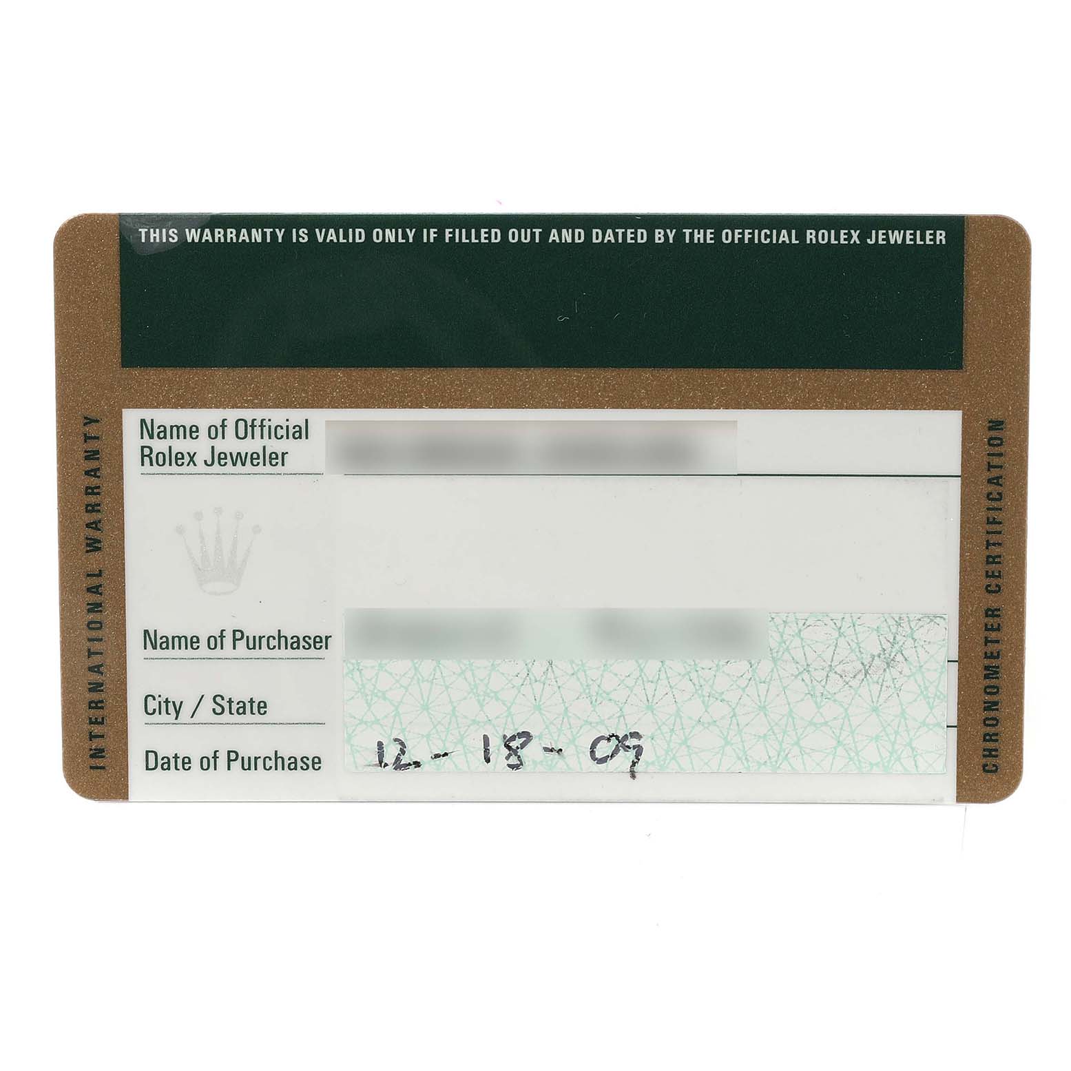 This image shows the warranty card for a Rolex Submariner 16613 Men's Steel and Gold (two tone) Blue Dial 16613 Men's Steel and Gold (two tone) Blue Dial watch, including fields for official jeweler, purchaser, city/state, and date of purchase.