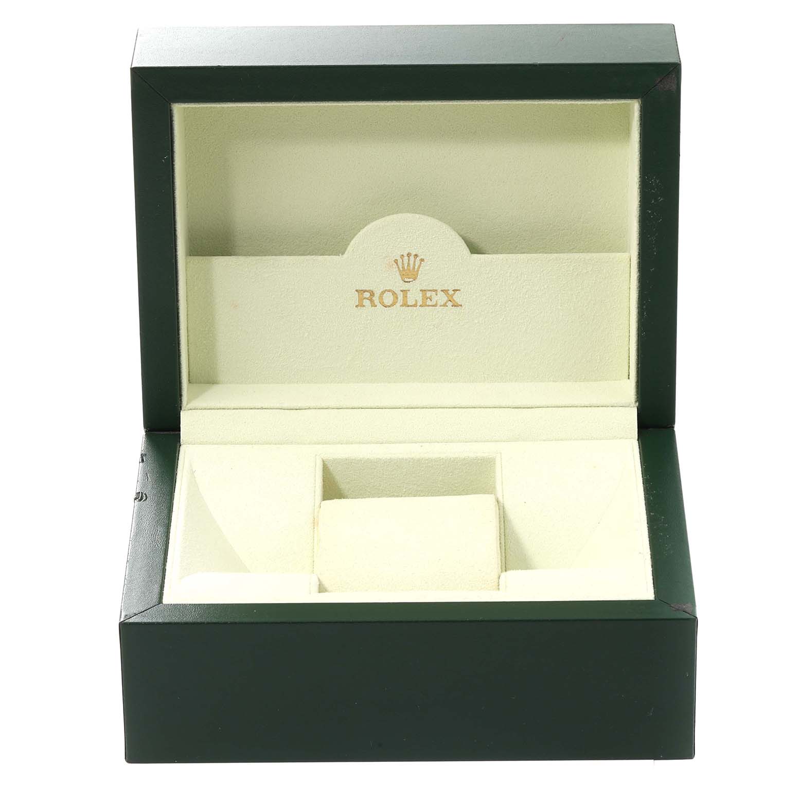 This image shows an open Rolex Submariner 16610 Men
s Stainless Steel Black Dial 16610 Men
s Stainless Steel Black Dial watch box, highlighting the padded interior and Rolex logo.
