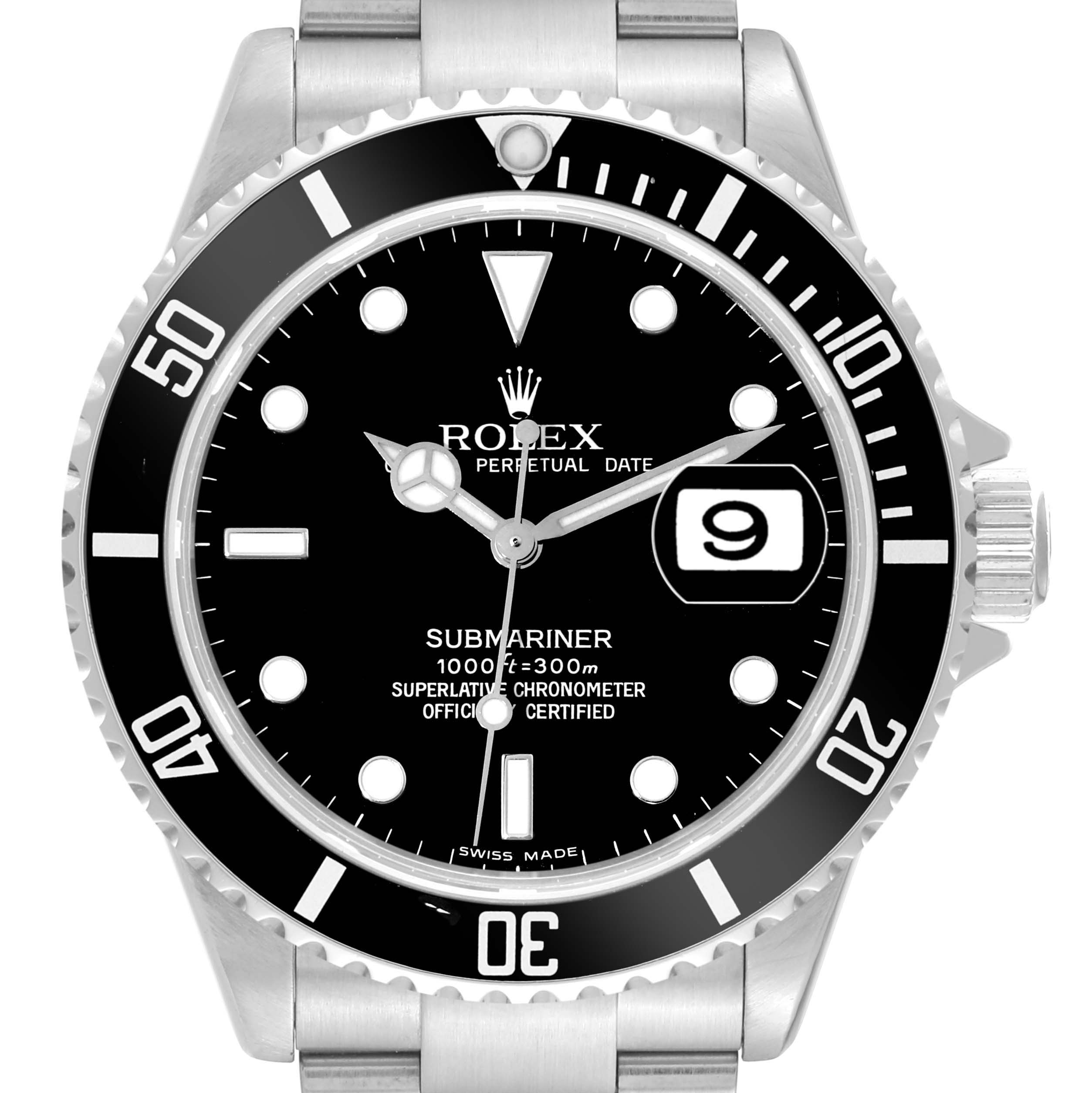 The image shows a front view of the Rolex Submariner 16610 Men
s Stainless Steel Black Dial 16610 Men
s Stainless Steel Black Dial watch, displaying the black dial, bezel, and stainless steel bracelet.