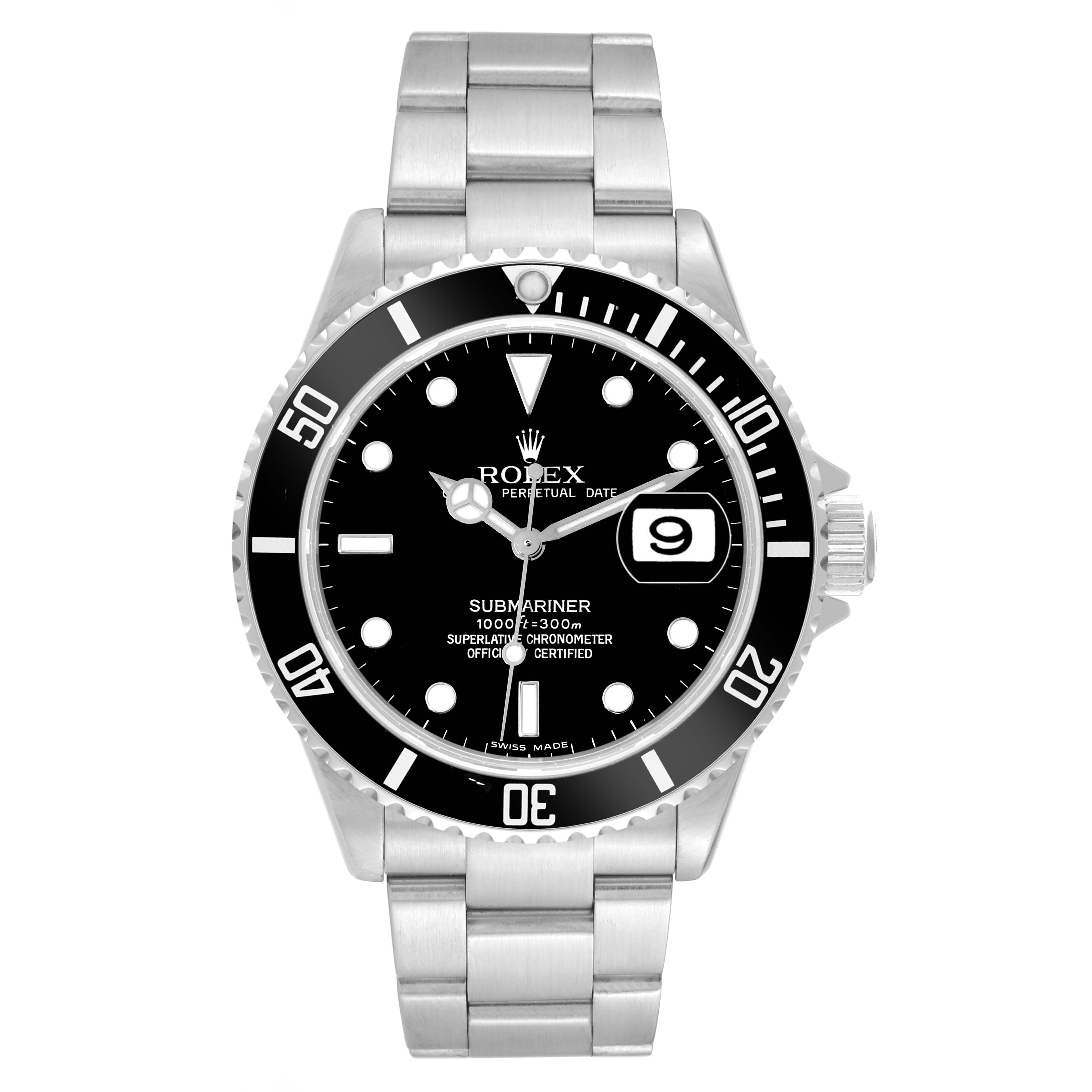 This image shows a Rolex Submariner 16610 Men
s Stainless Steel Black Dial 16610 Men
s Stainless Steel Black Dial watch from a straight-on angle, highlighting the face, bezel, and bracelet.