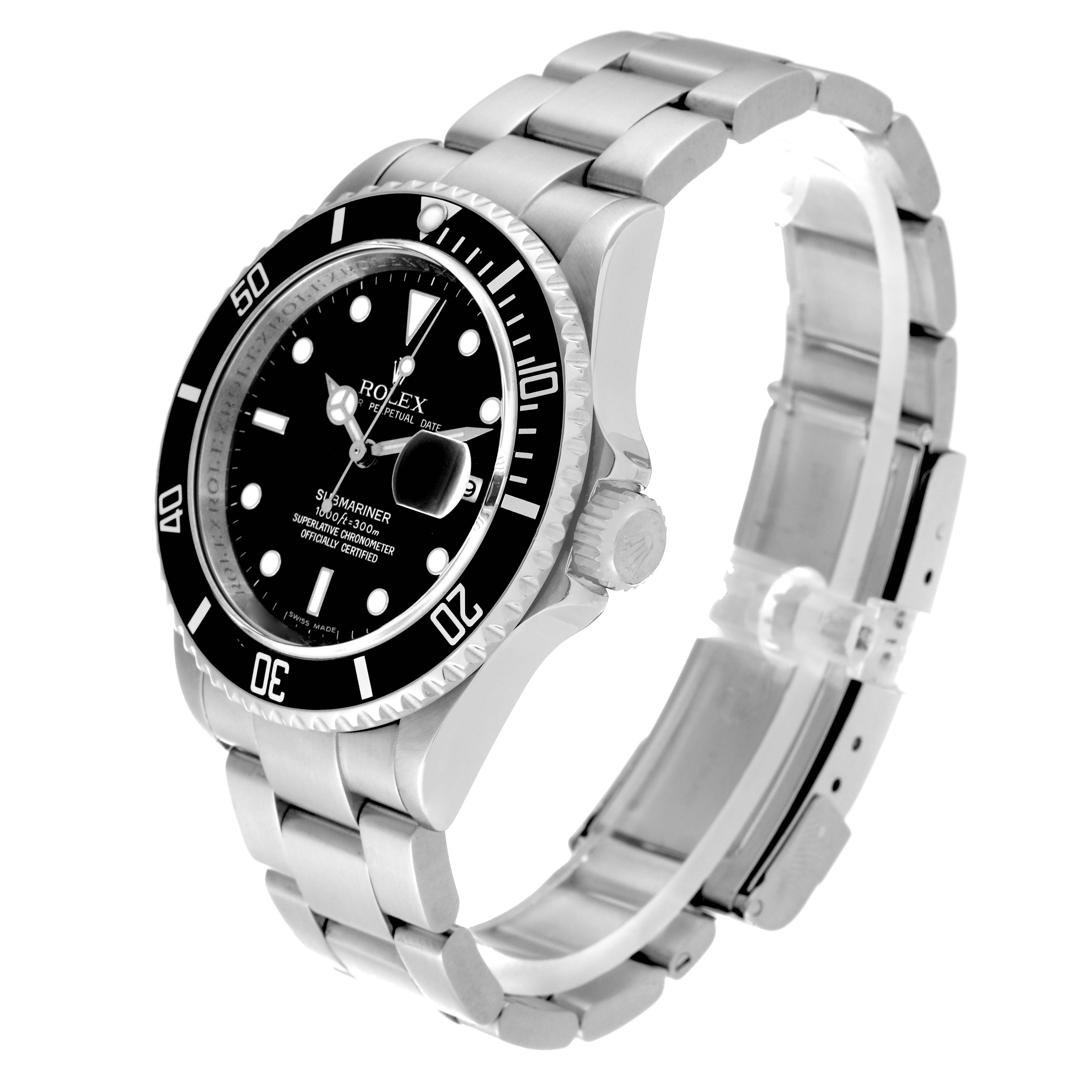 The image shows a Rolex Submariner 16610 Men
s Stainless Steel Black Dial 16610 Men
s Stainless Steel Black Dial from an angled side view, highlighting the dial, bezel, case, and bracelet.