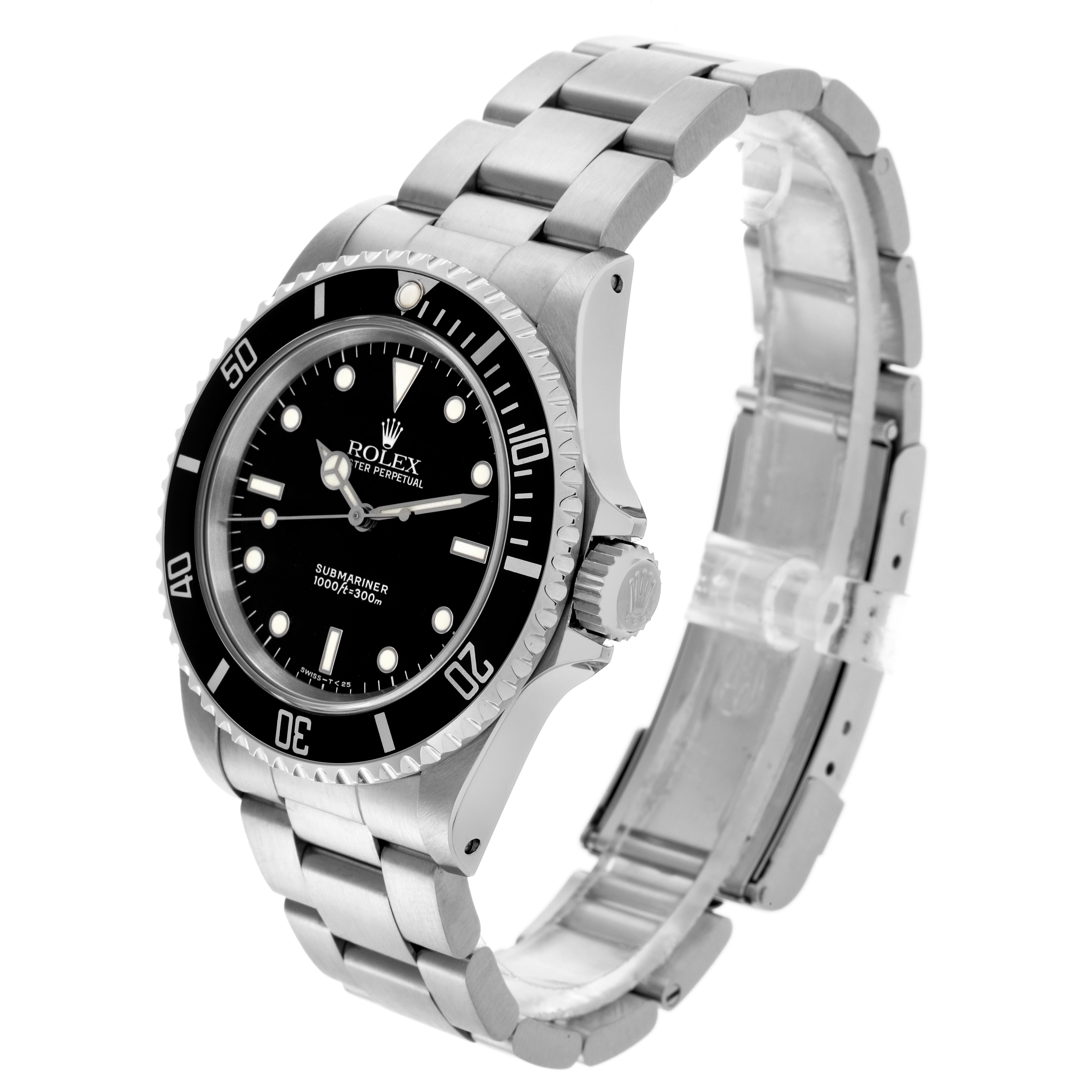 The Rolex Submariner 14060 Men
s Stainless Steel Black Dial 14060 Men
s Stainless Steel Black Dial watch is shown at a 3/4 angle, revealing the dial, bezel, crown, and part of the bracelet.
