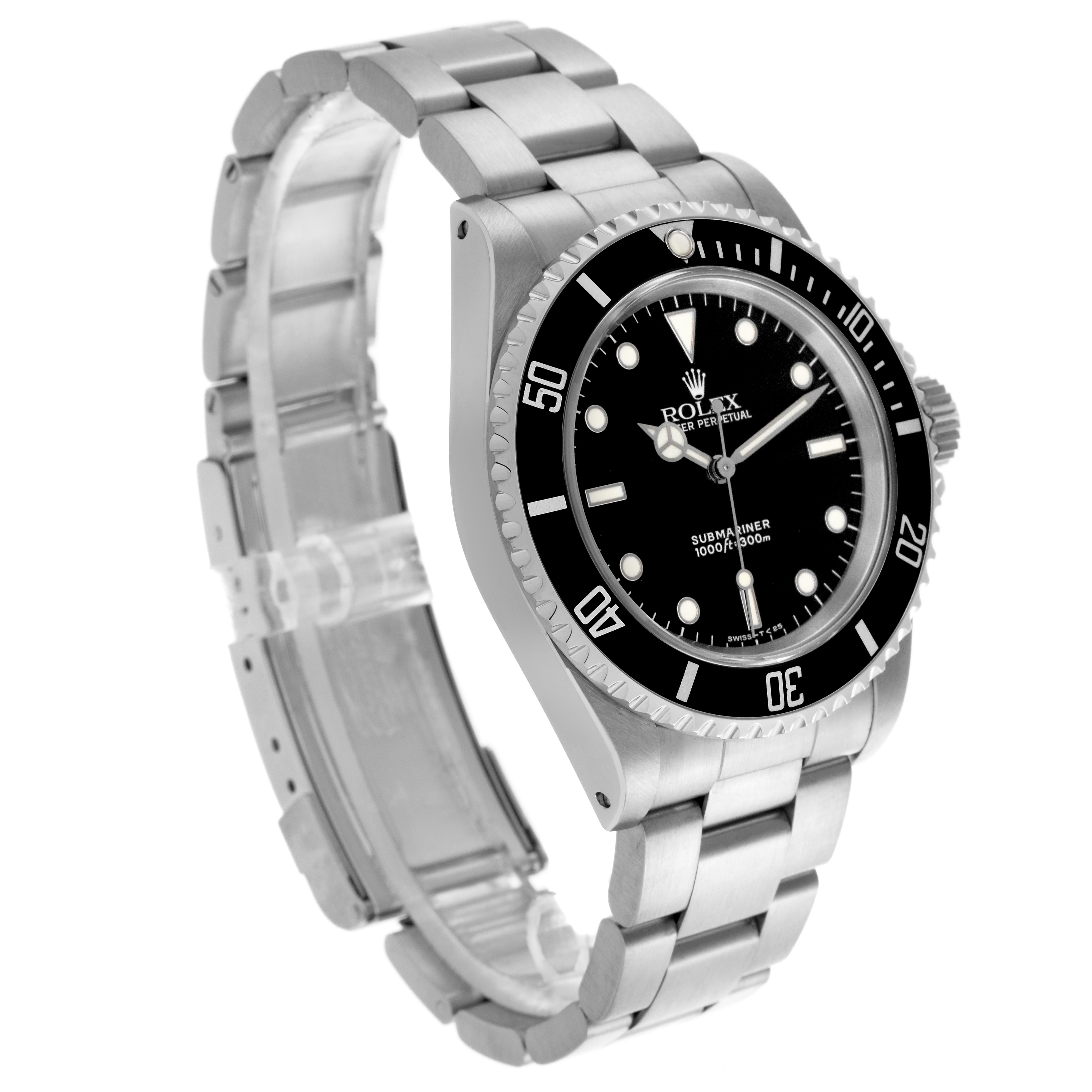The Rolex Submariner 14060 Men
s Stainless Steel Black Dial 14060 Men
s Stainless Steel Black Dial watch is shown at a slight angle, displaying the face, bezel, case, and part of the bracelet.