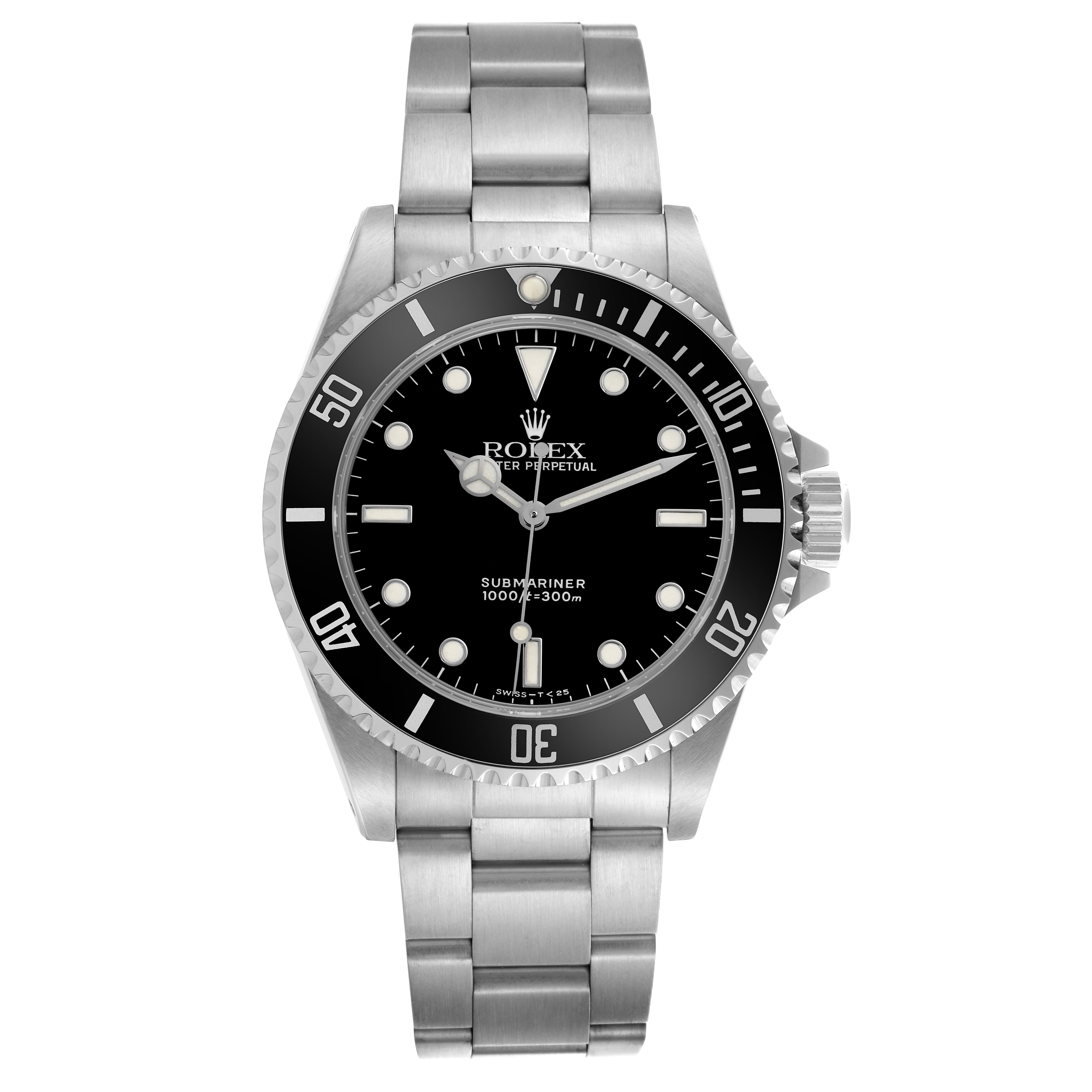 The Rolex Submariner 14060 Men
s Stainless Steel Black Dial 14060 Men
s Stainless Steel Black Dial watch is shown from a front angle, displaying the bezel, dial, and bracelet clearly.