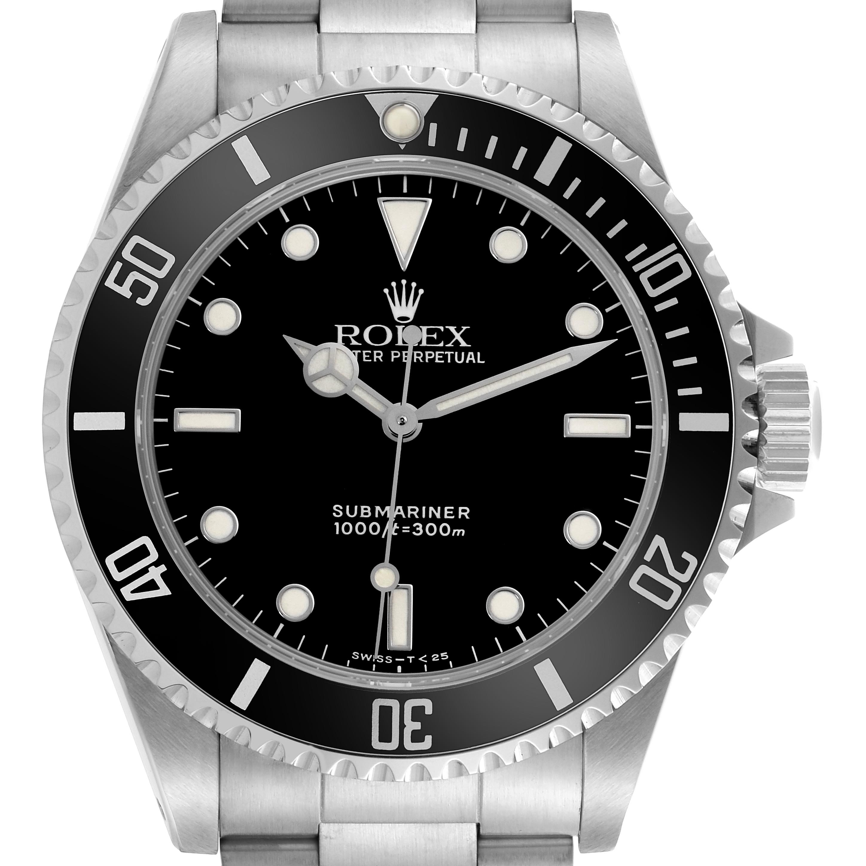 The Rolex Submariner 14060 Men
s Stainless Steel Black Dial 14060 Men
s Stainless Steel Black Dial watch is shown from a front angle, highlighting the dial, bezel, and bracelet.