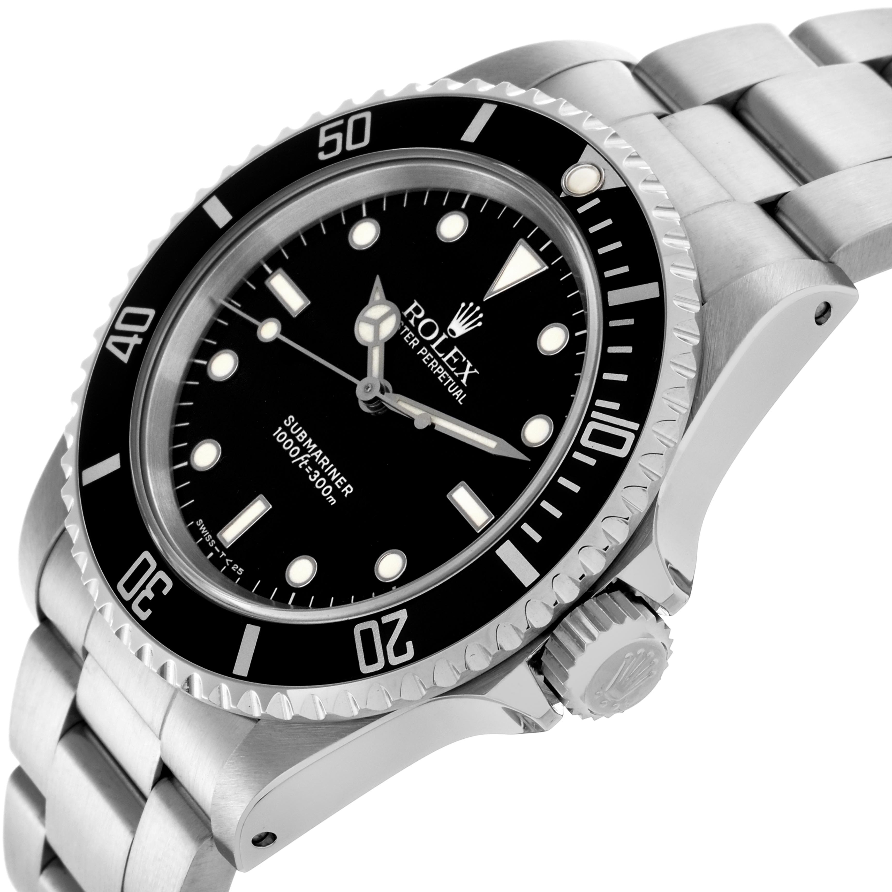 The Rolex Submariner 14060 Men
s Stainless Steel Black Dial 14060 Men
s Stainless Steel Black Dial watch is shown at an angle highlighting the face, bezel, crown, and part of the bracelet.