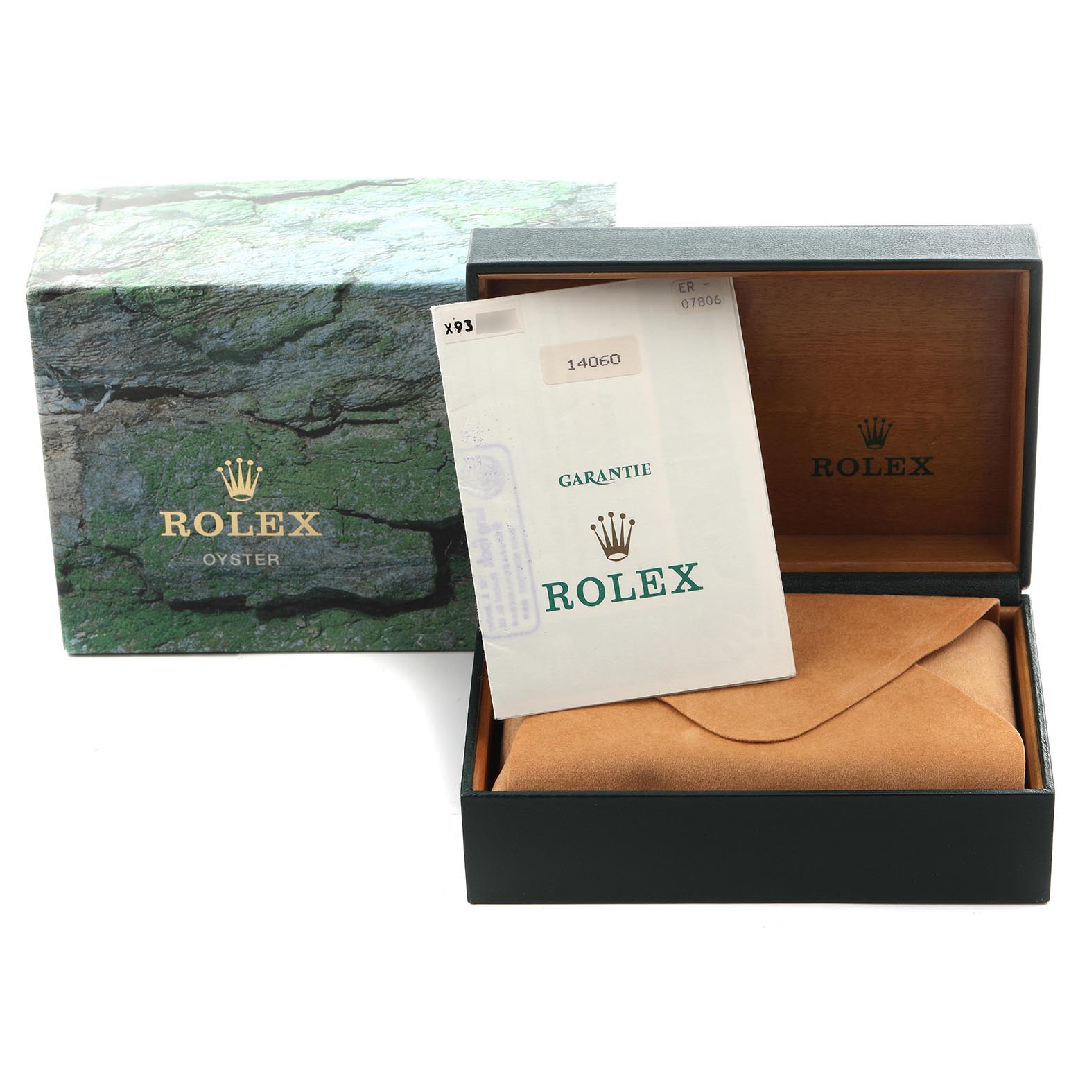 The image shows a Rolex Submariner 14060 Men
s Stainless Steel Black Dial 14060 Men
s Stainless Steel Black Dial box, a green outer box, warranty card, and a suede pouch.