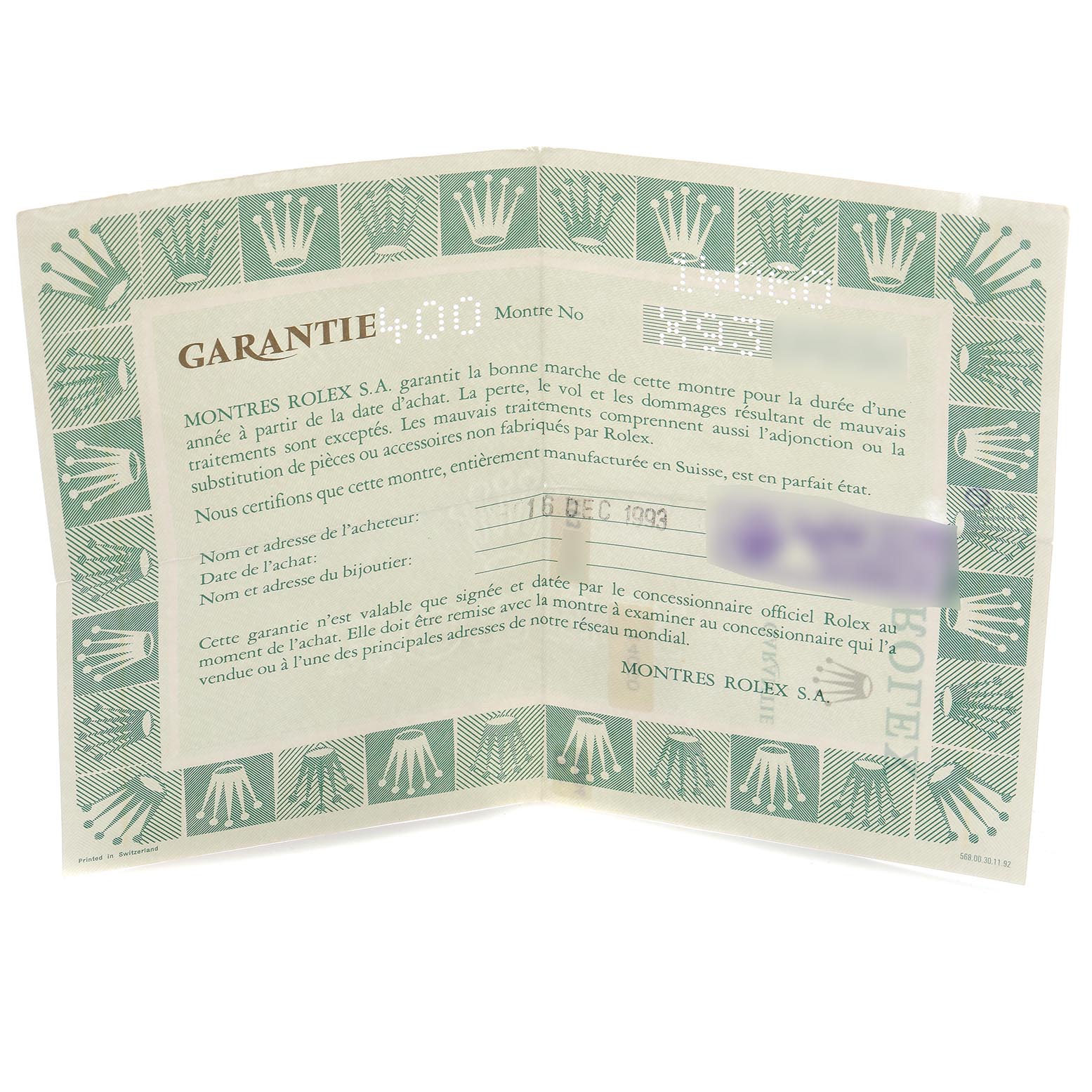 The image shows a warranty certificate for a Rolex Submariner 14060 Men
s Stainless Steel Black Dial 14060 Men
s Stainless Steel Black Dial watch, featuring text and logo design.