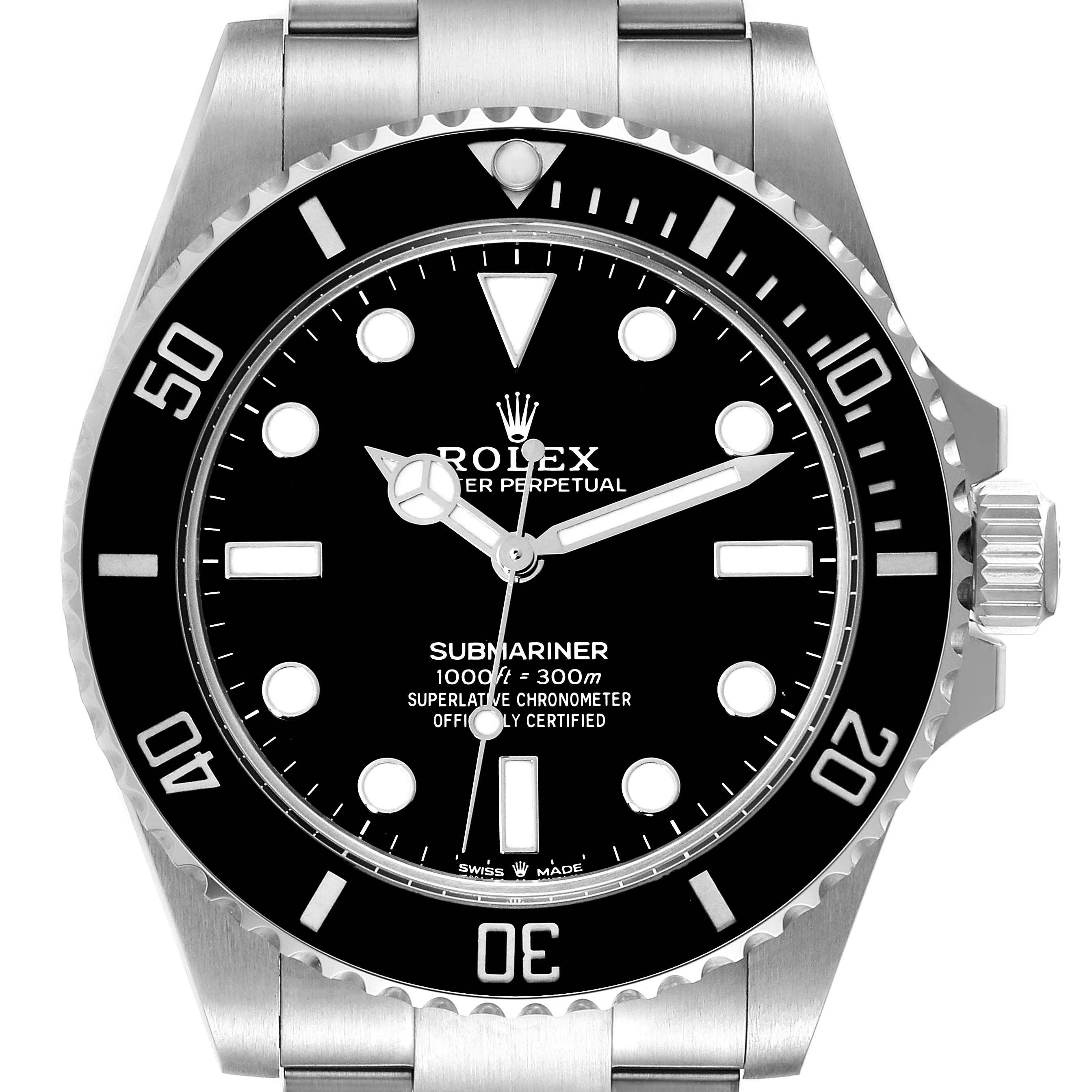 The image shows a front view of the Rolex Submariner 124060 Men
s Stainless Steel Black Dial 124060 Men
s Stainless Steel Black Dial watch, highlighting the dial, bezel, crown, and part of the bracelet.