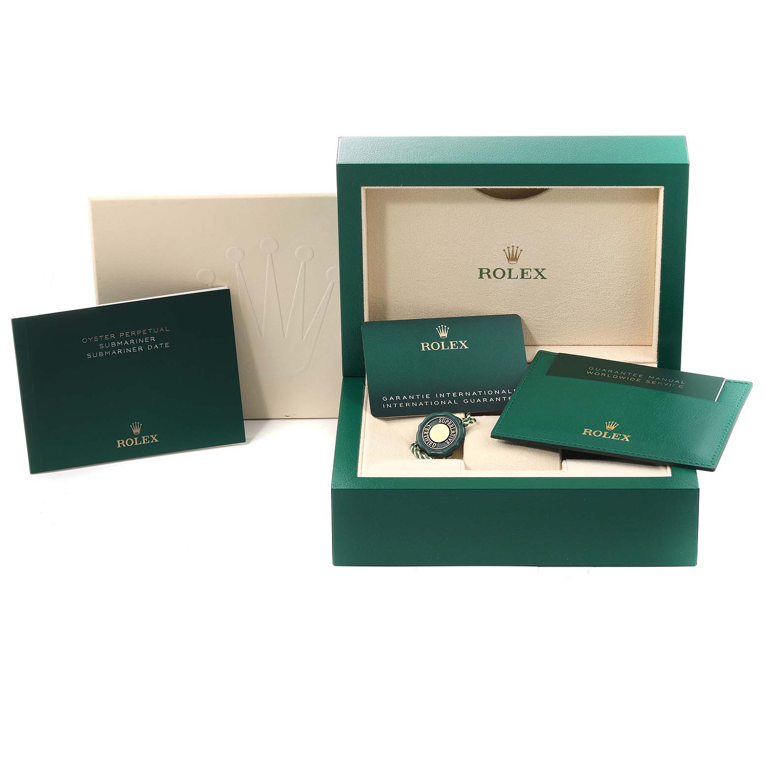 The image shows a Rolex Submariner 124060 Men
s Stainless Steel Black Dial 124060 Men
s Stainless Steel Black Dial watch in its display box, along with warranty cards, manuals, and packaging materials.